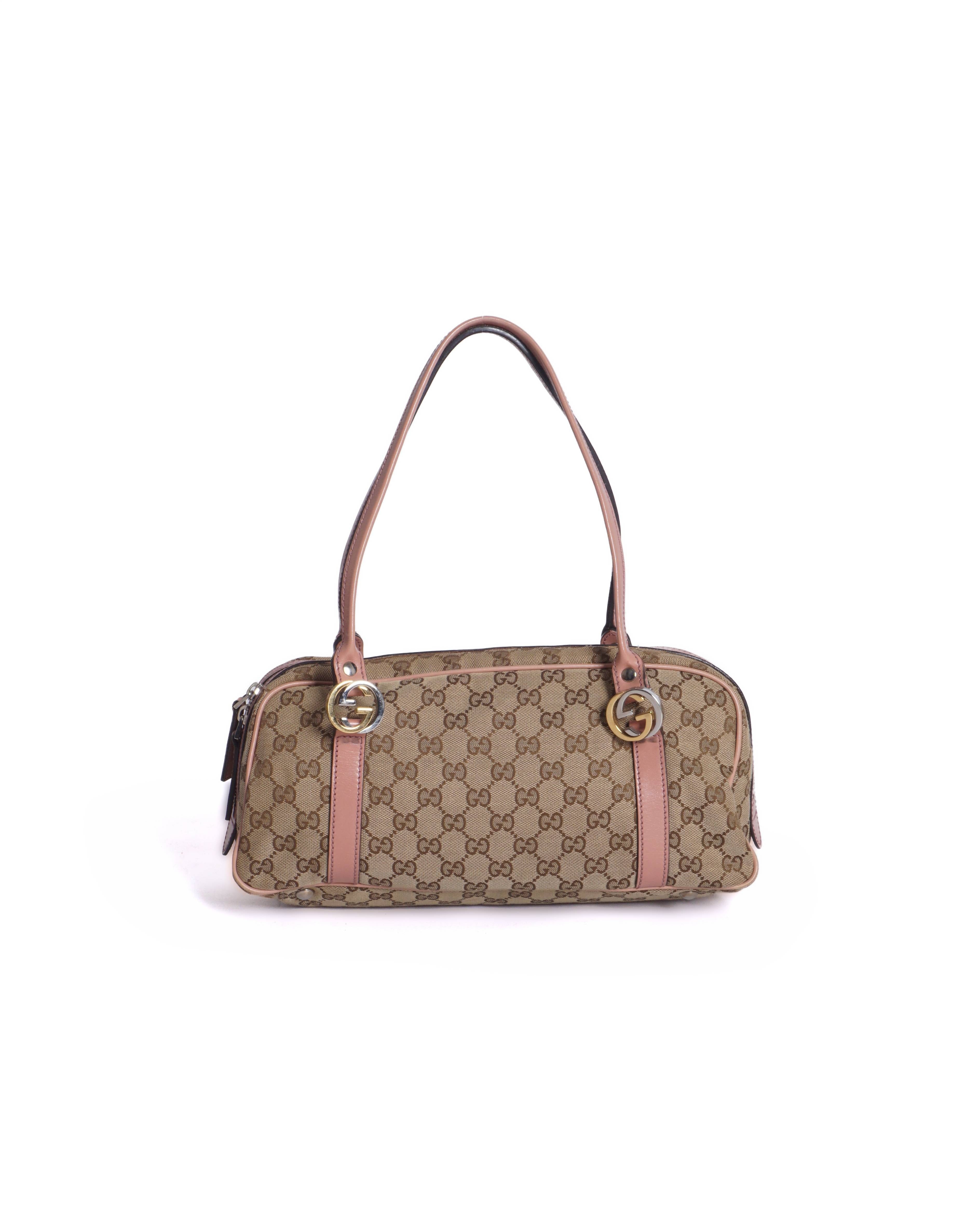 Gucci Vintage GG Canvas Pink Leather Trim Shoulder Bag