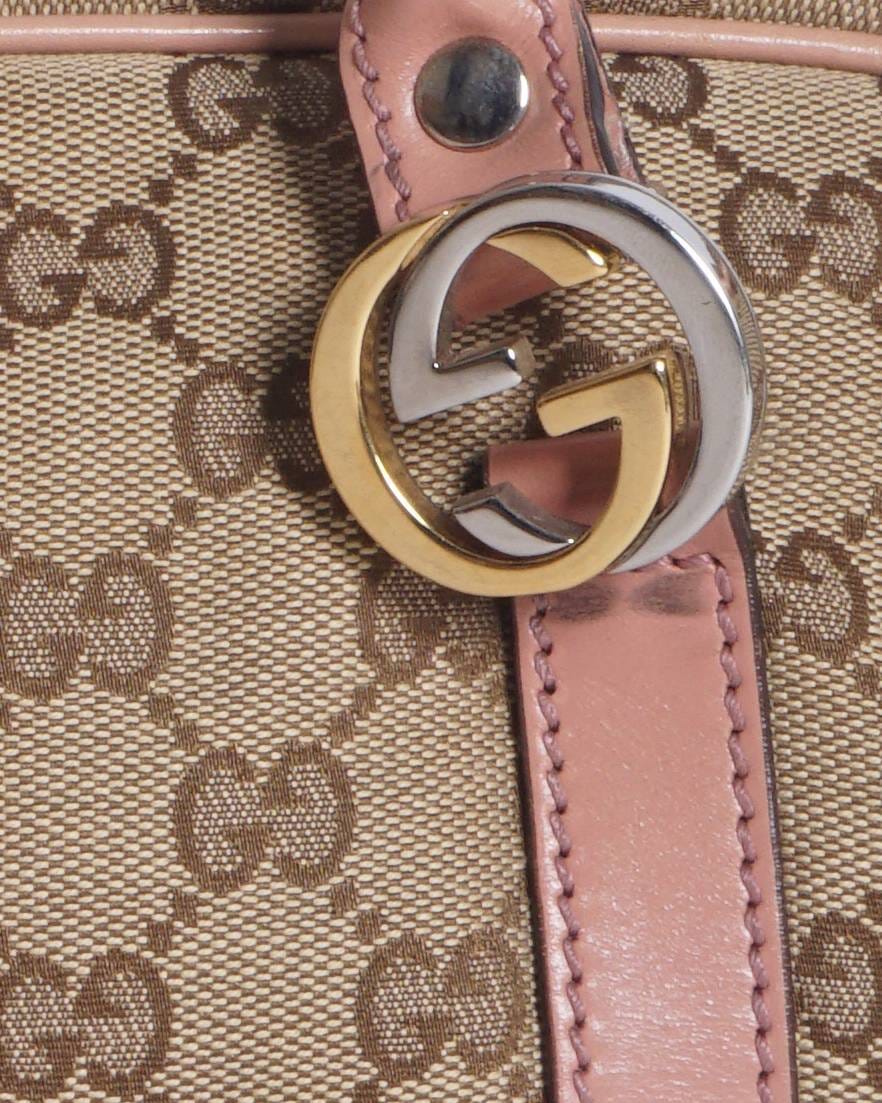 Gucci Vintage GG Canvas Pink Leather Trim Shoulder Bag