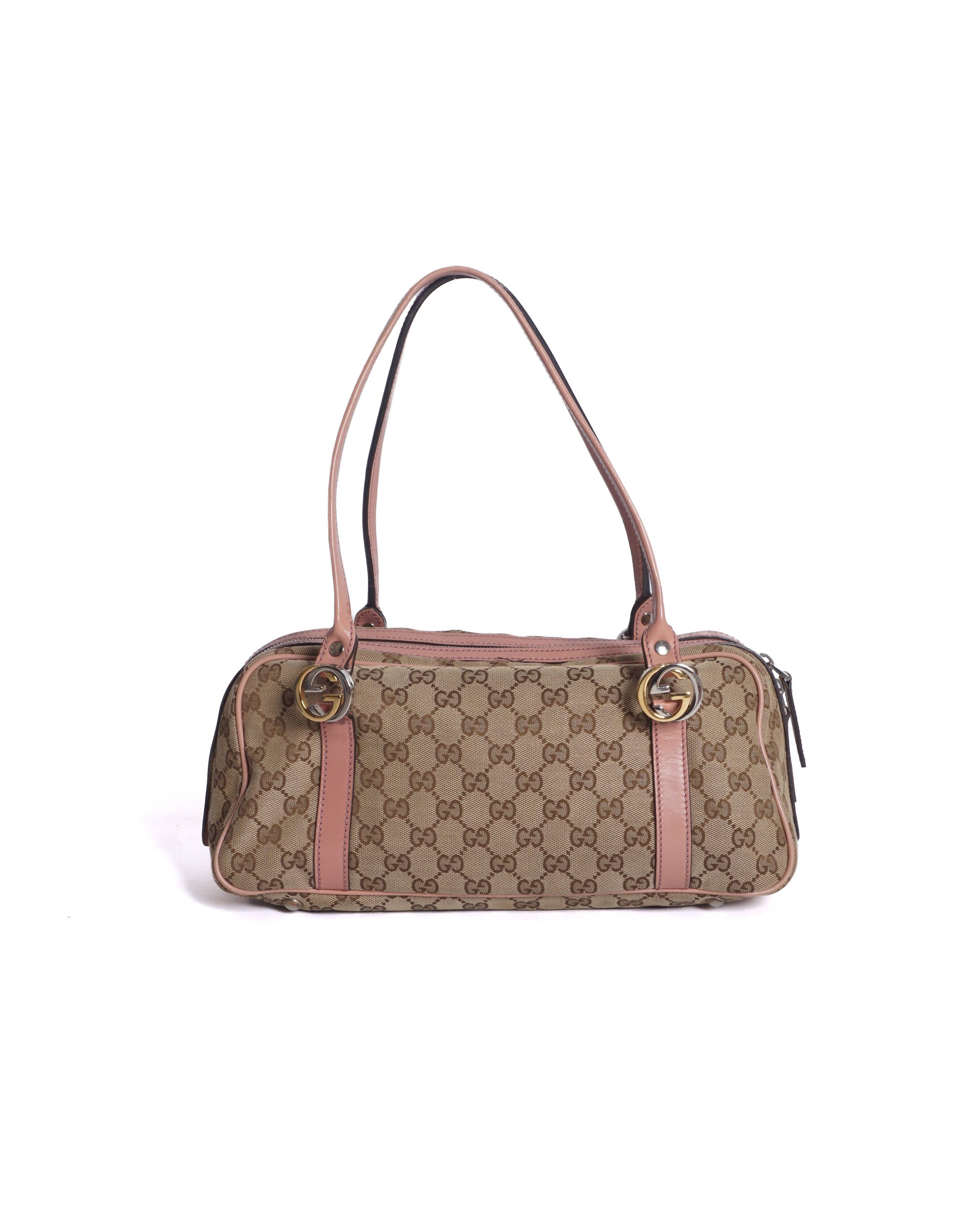 Gucci Vintage GG Canvas Pink Leather Trim Shoulder Bag