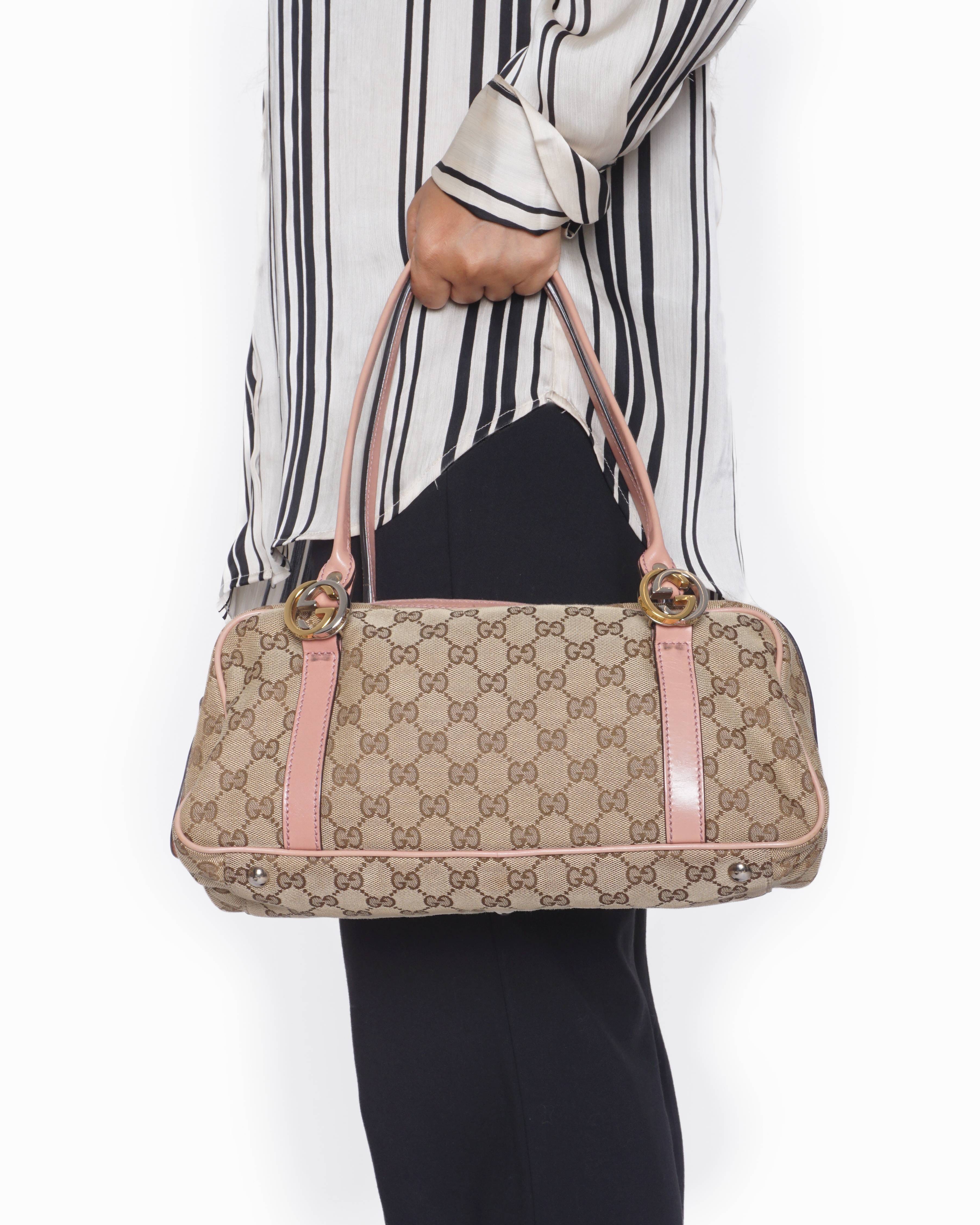 Gucci Vintage GG Canvas Pink Leather Trim Shoulder Bag