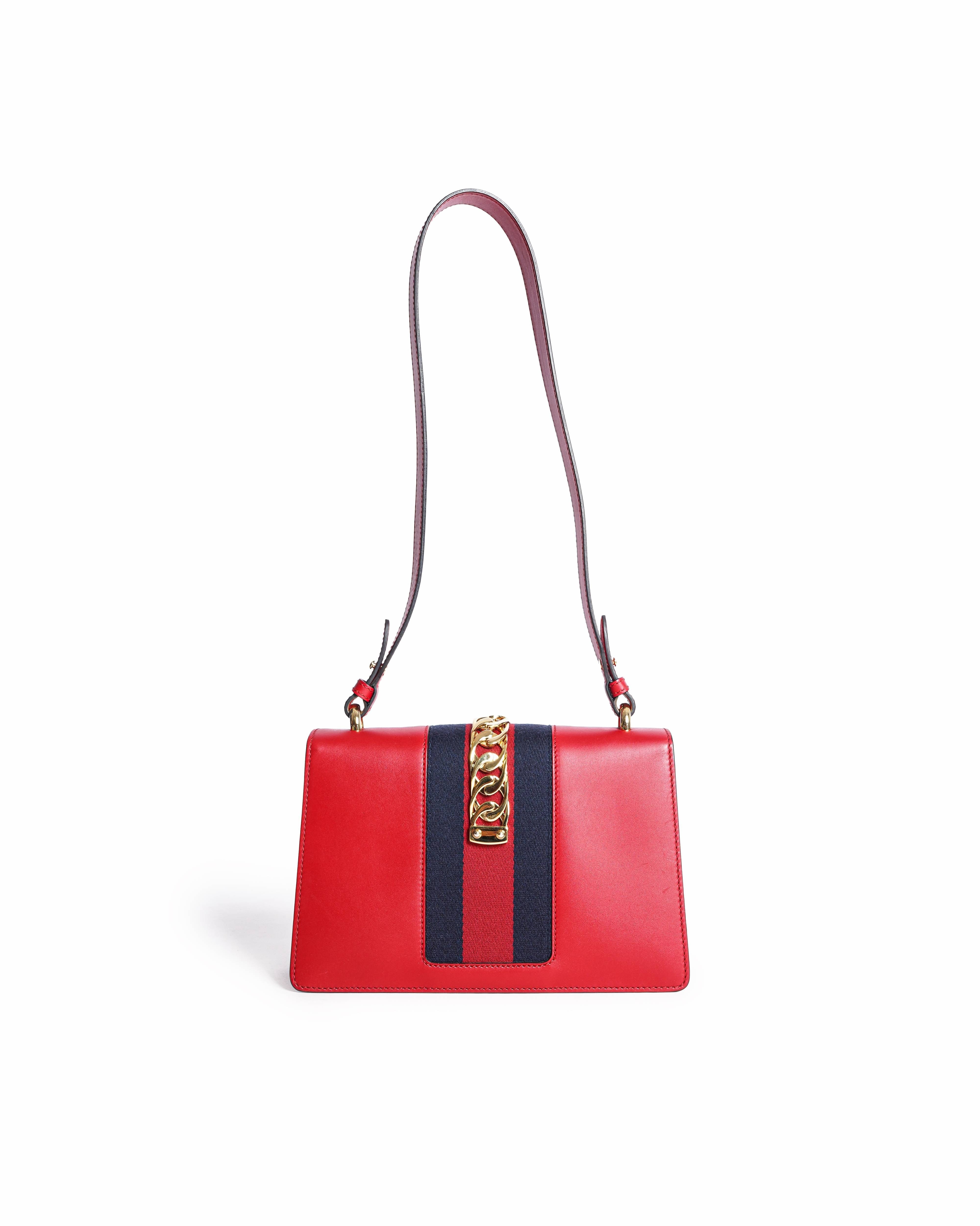 Gucci Red Smooth Leather Calfskin Leather Vintage Web Medium Sylvie Shoulder Bag