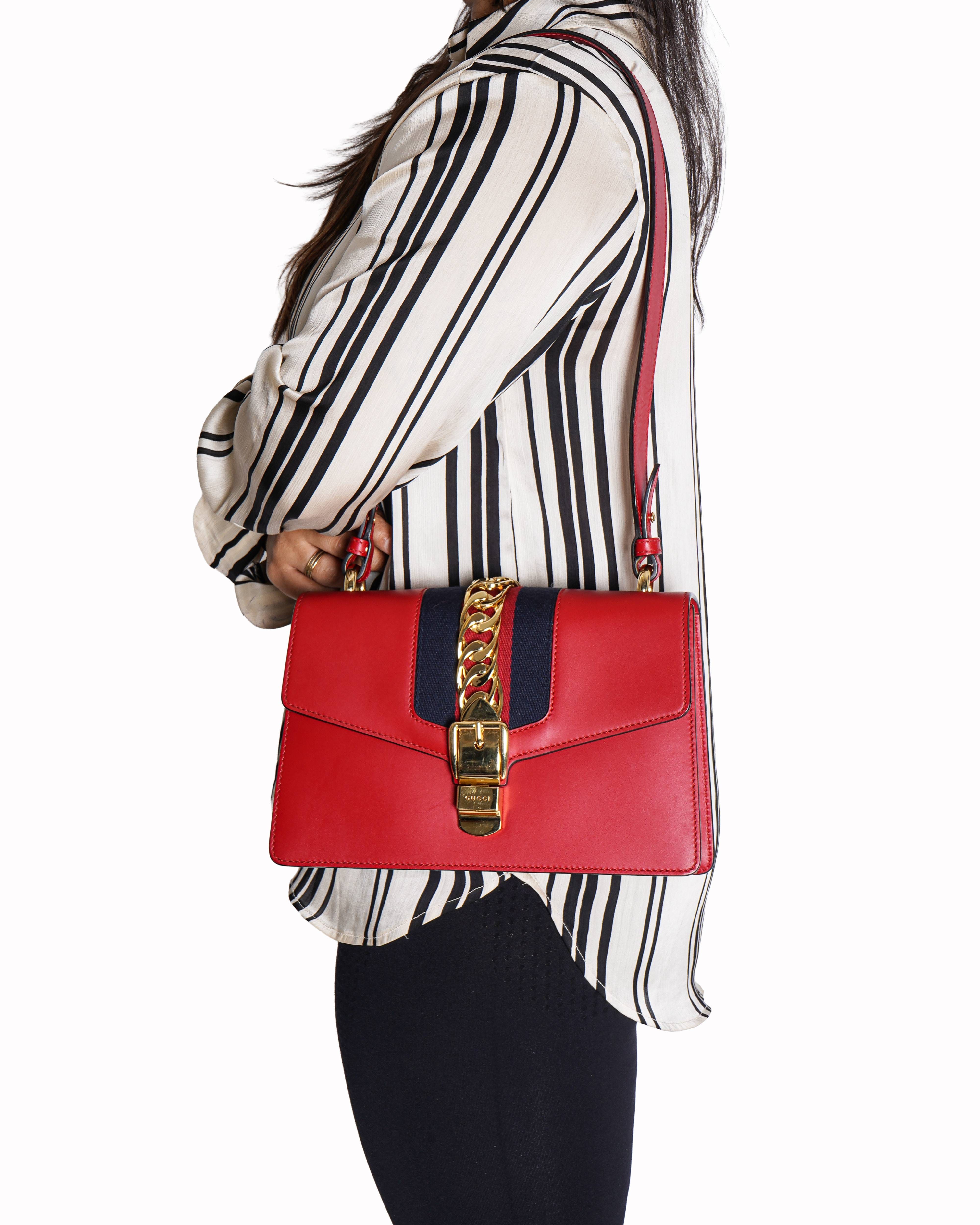 Gucci Red Smooth Leather Calfskin Leather Vintage Web Medium Sylvie Shoulder Bag