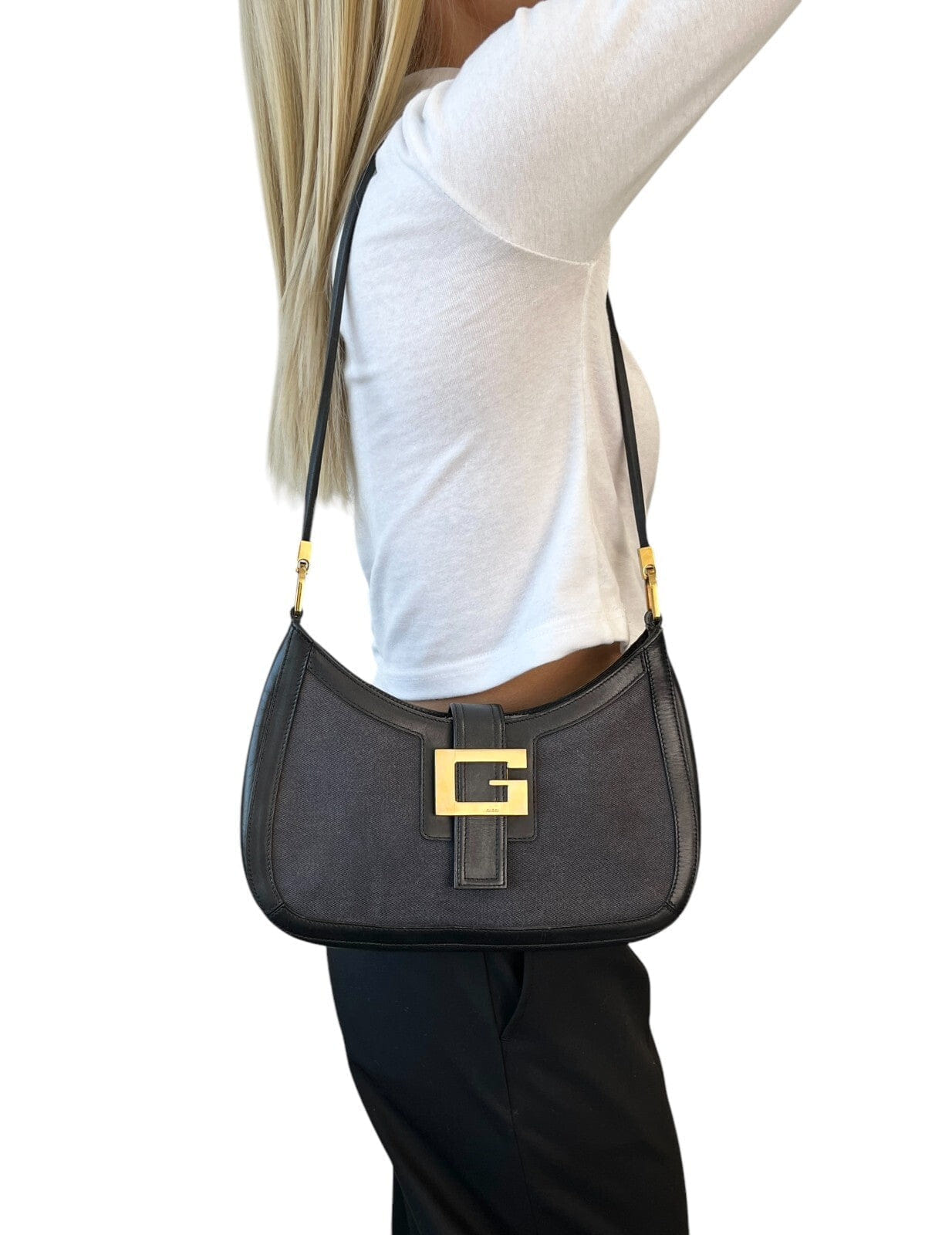 GUCCI Vintage G Square Logo Shoulder Bag Magnet Black Gold Cotton Leather