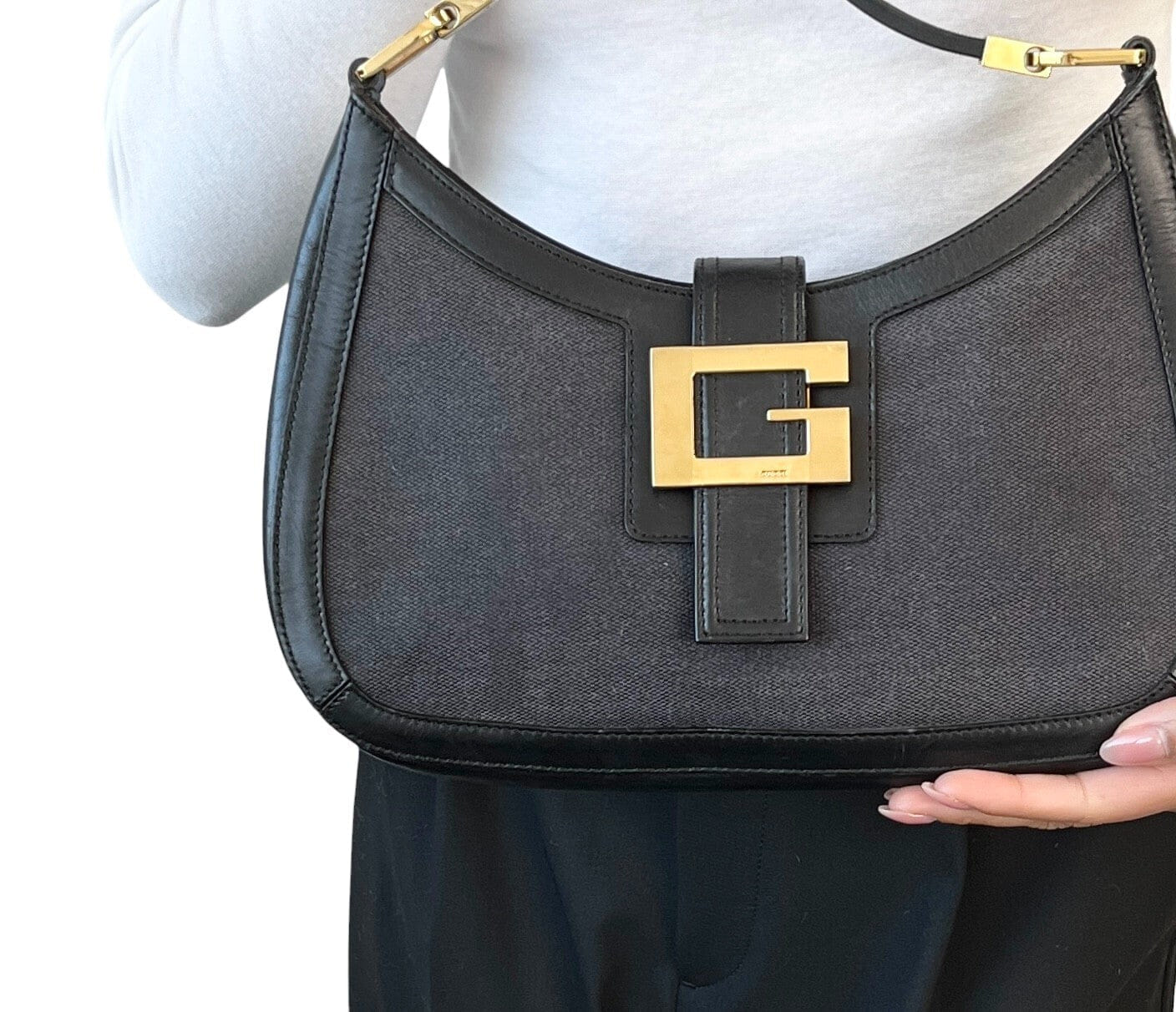 GUCCI Vintage G Square Logo Shoulder Bag Magnet Black Gold Cotton Leather