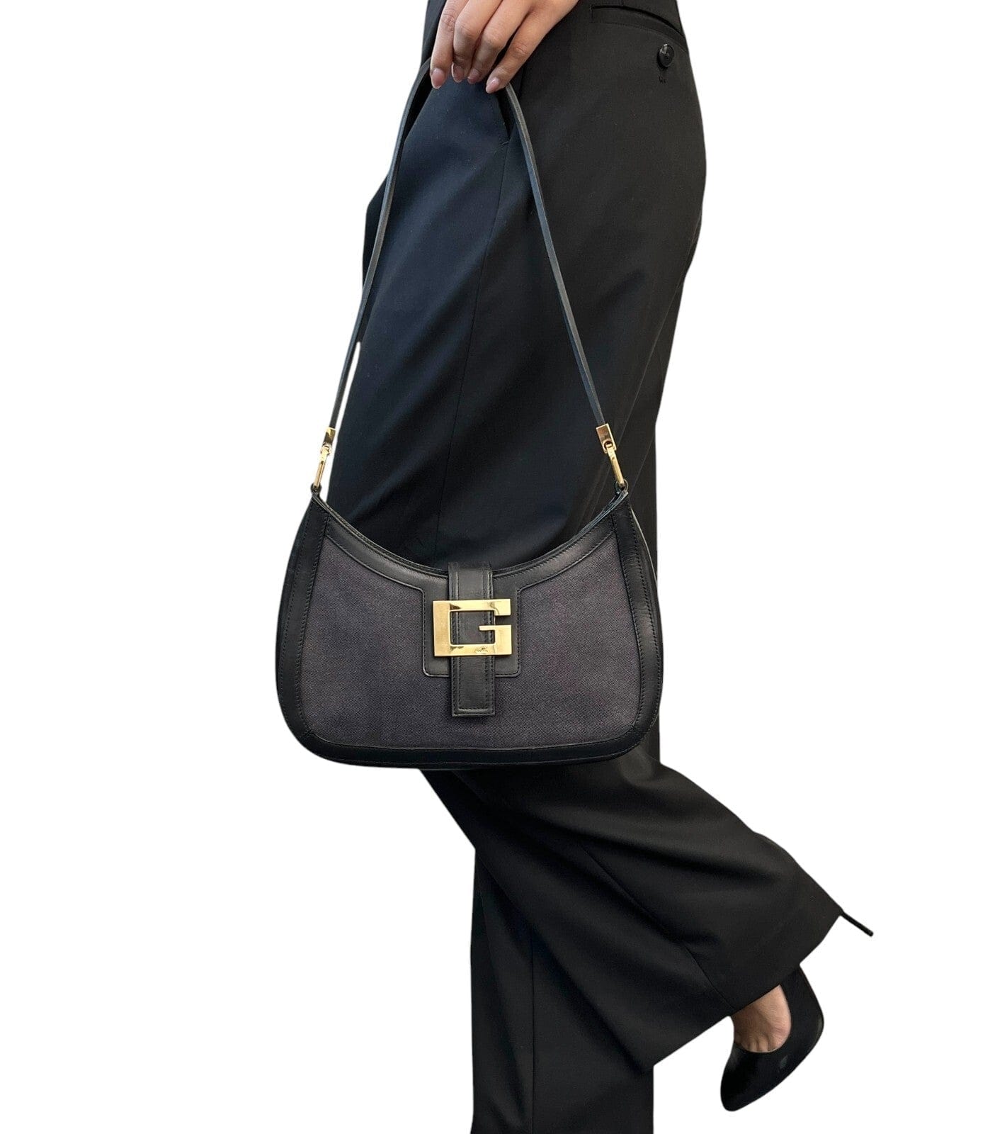 GUCCI Vintage G Square Logo Shoulder Bag Magnet Black Gold Cotton Leather