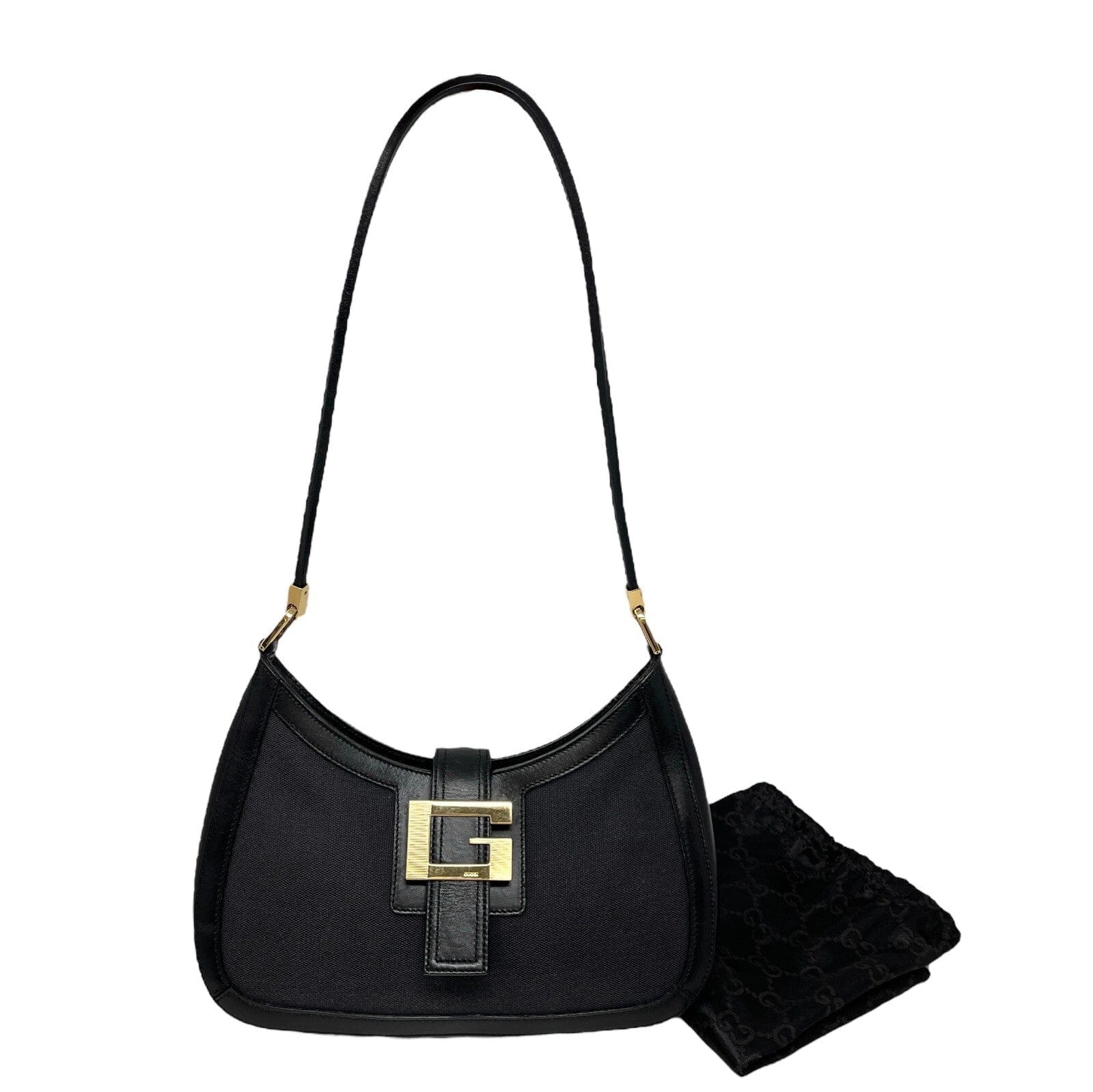 GUCCI Vintage G Square Logo Shoulder Bag Magnet Black Gold Cotton Leather