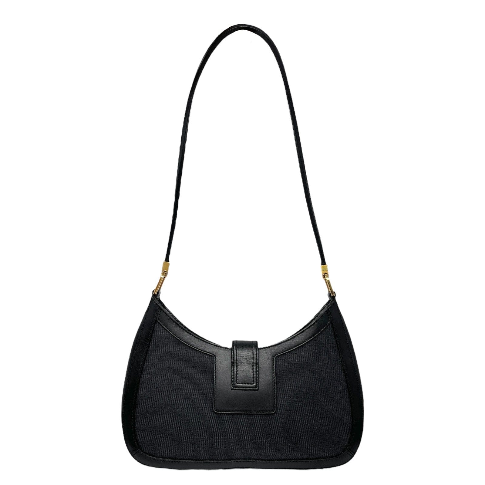 GUCCI Vintage G Square Logo Shoulder Bag Magnet Black Gold Cotton Leather