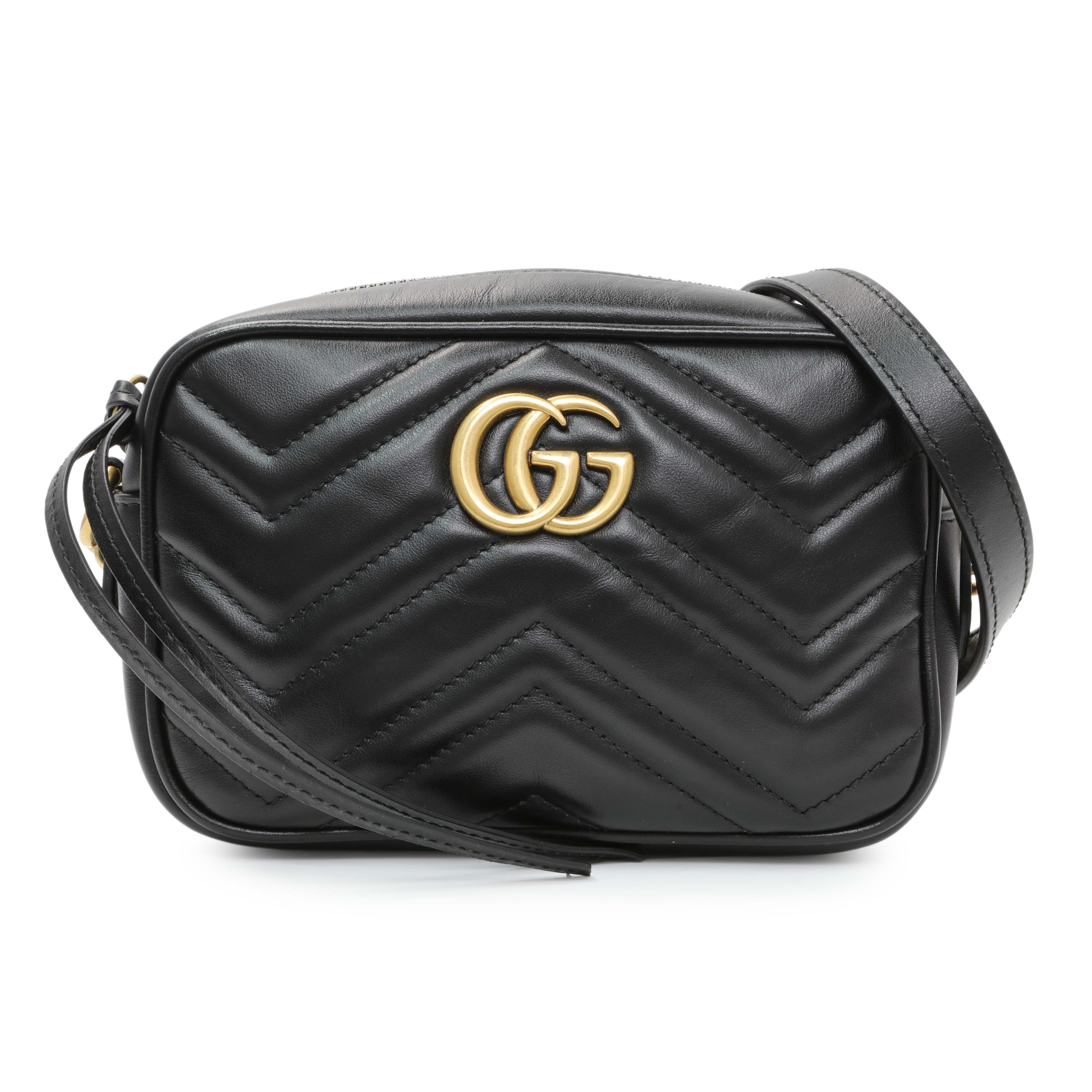 Gucci Black Calfskin Matelasse Mini GG Marmont Chain Shoulder Bag