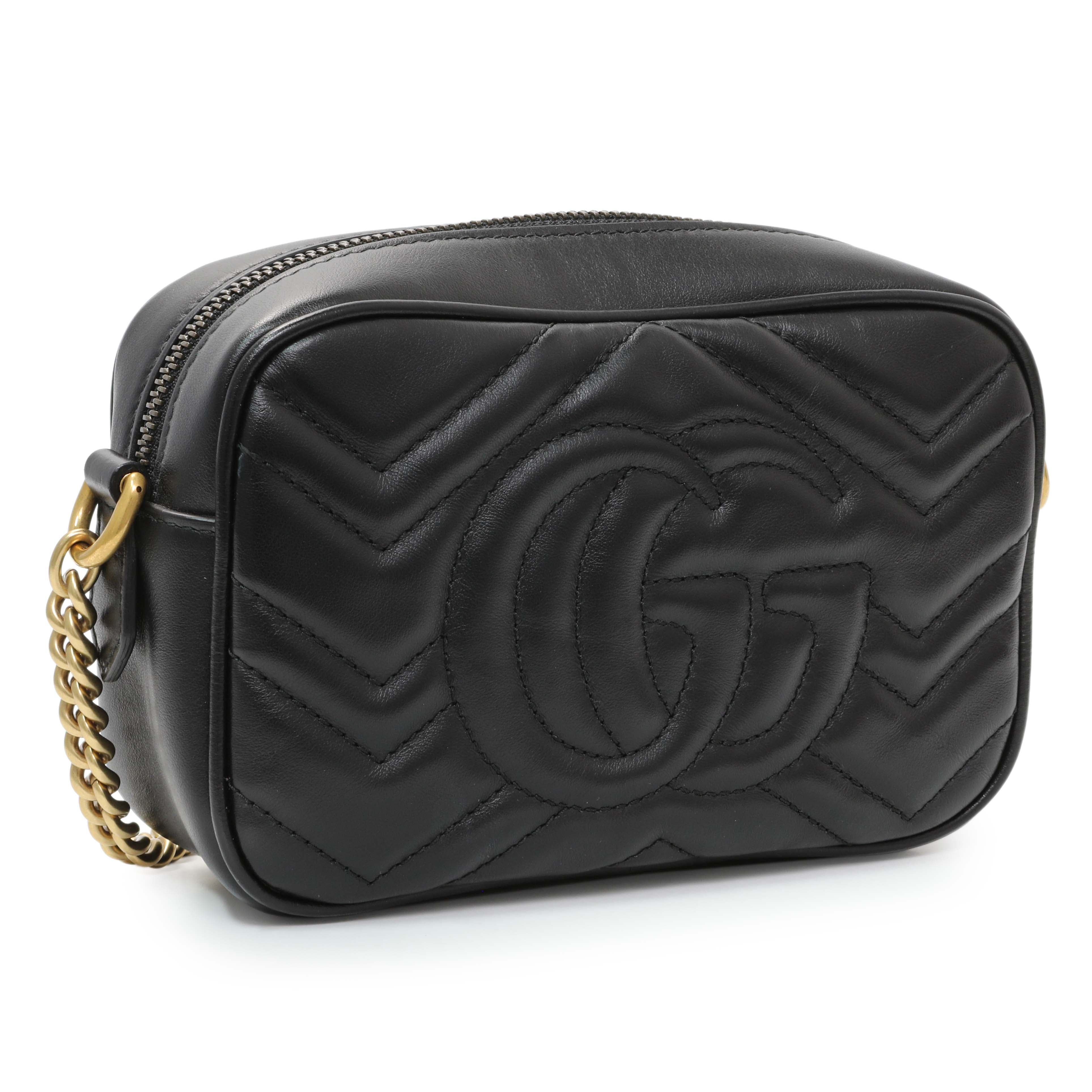 Gucci Black Calfskin Matelasse Mini GG Marmont Chain Shoulder Bag