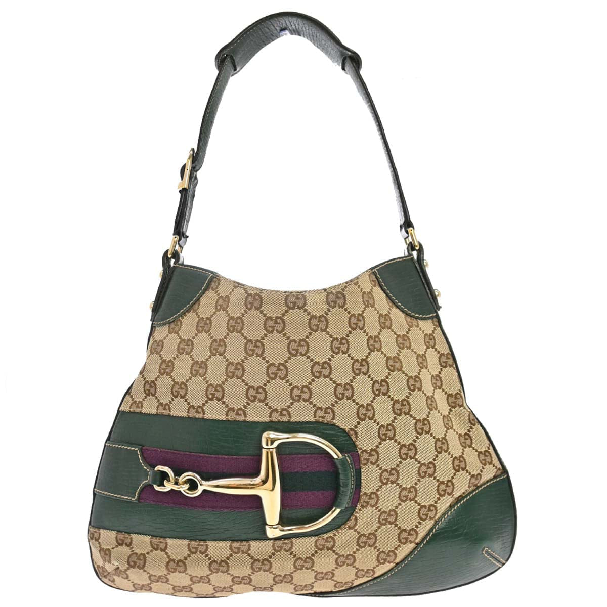 Gucci Beige Green GG Canvas Horsebit Shoulder Bag