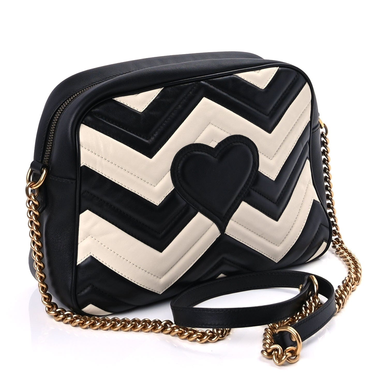 Gucci Calfskin Matelasse Medium GG Marmont Chain Shoulder Bag Black White