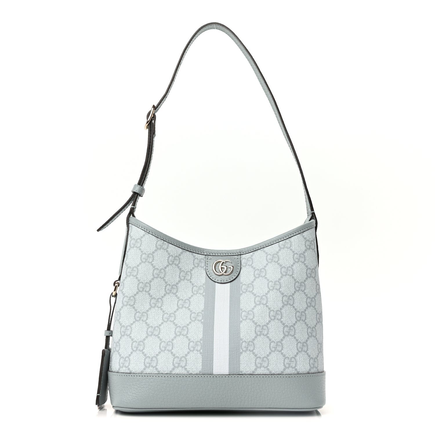 Gucci GG Supreme Monogram Textured Dollar Calfskin Web Small Ophidia Bucket Shoulder Bag Dusty Blue