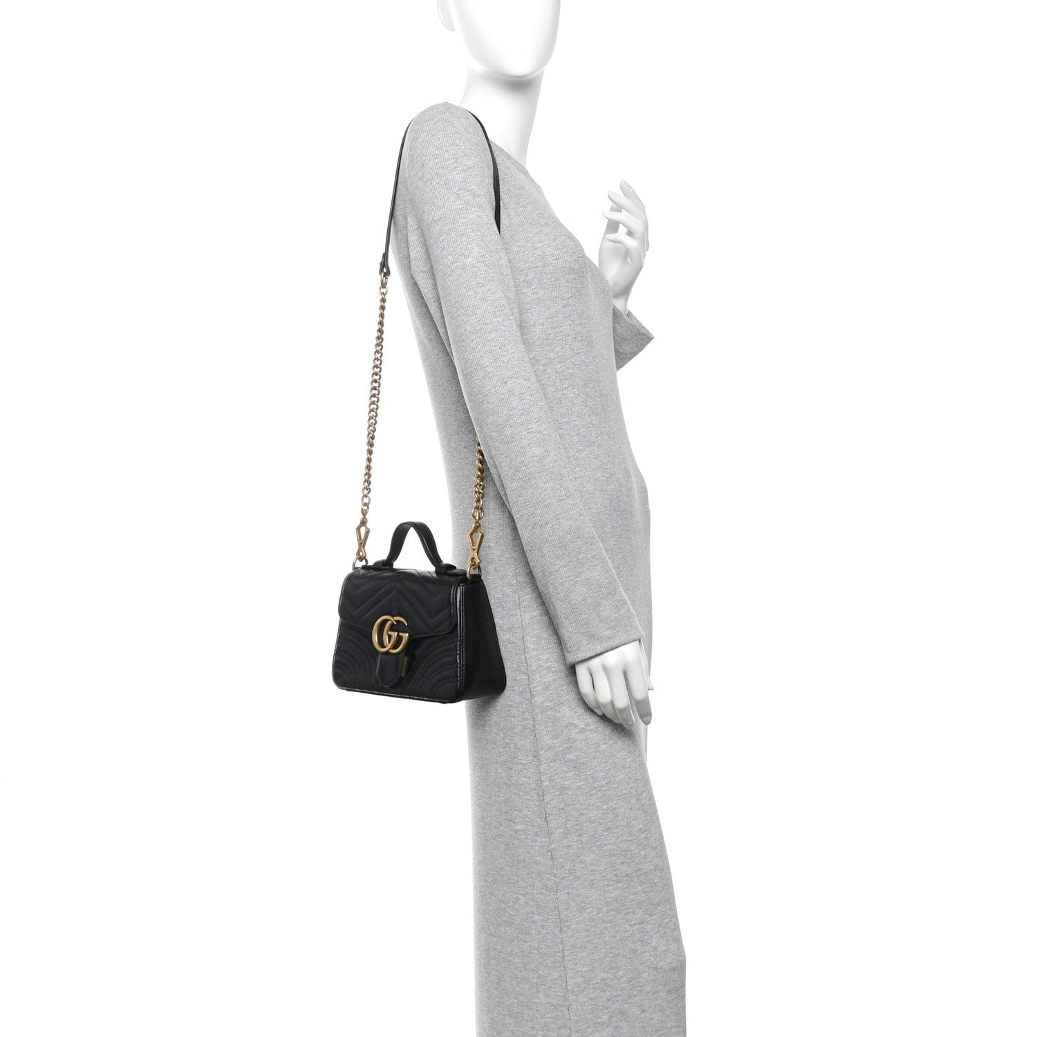 Gucci Calfskin Matelasse Mini GG Marmont Top Handle Shoulder Bag Black