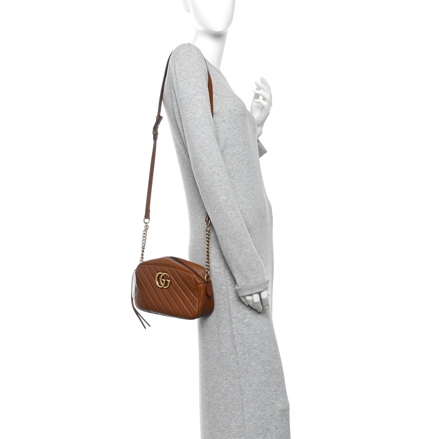 Gucci Glazed Calfskin Matelasse Diagonal Small GG Marmont Chain Shoulder Bag Cuir