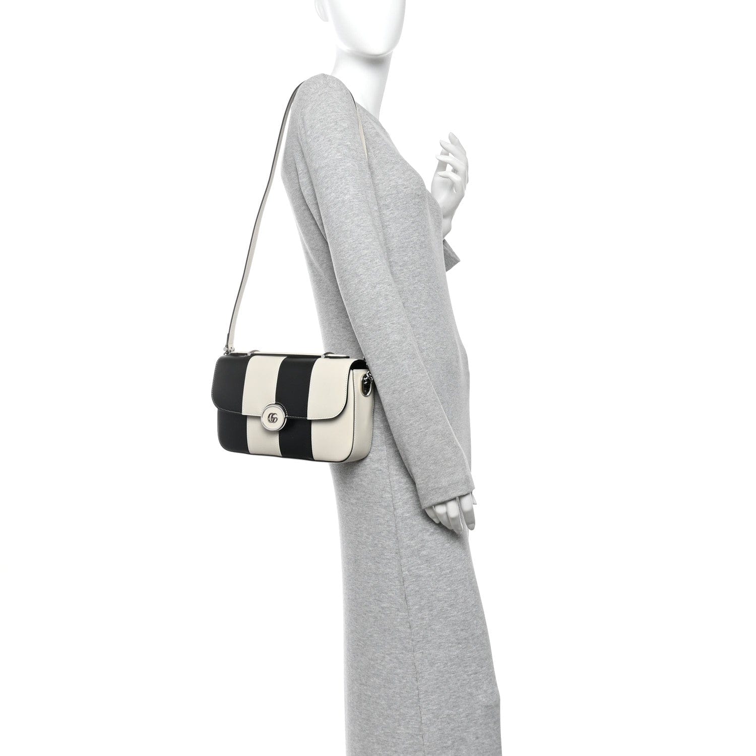Gucci Senna Calfskin Lines Petite GG Top Handle Shoulder Bag Black Mystic White