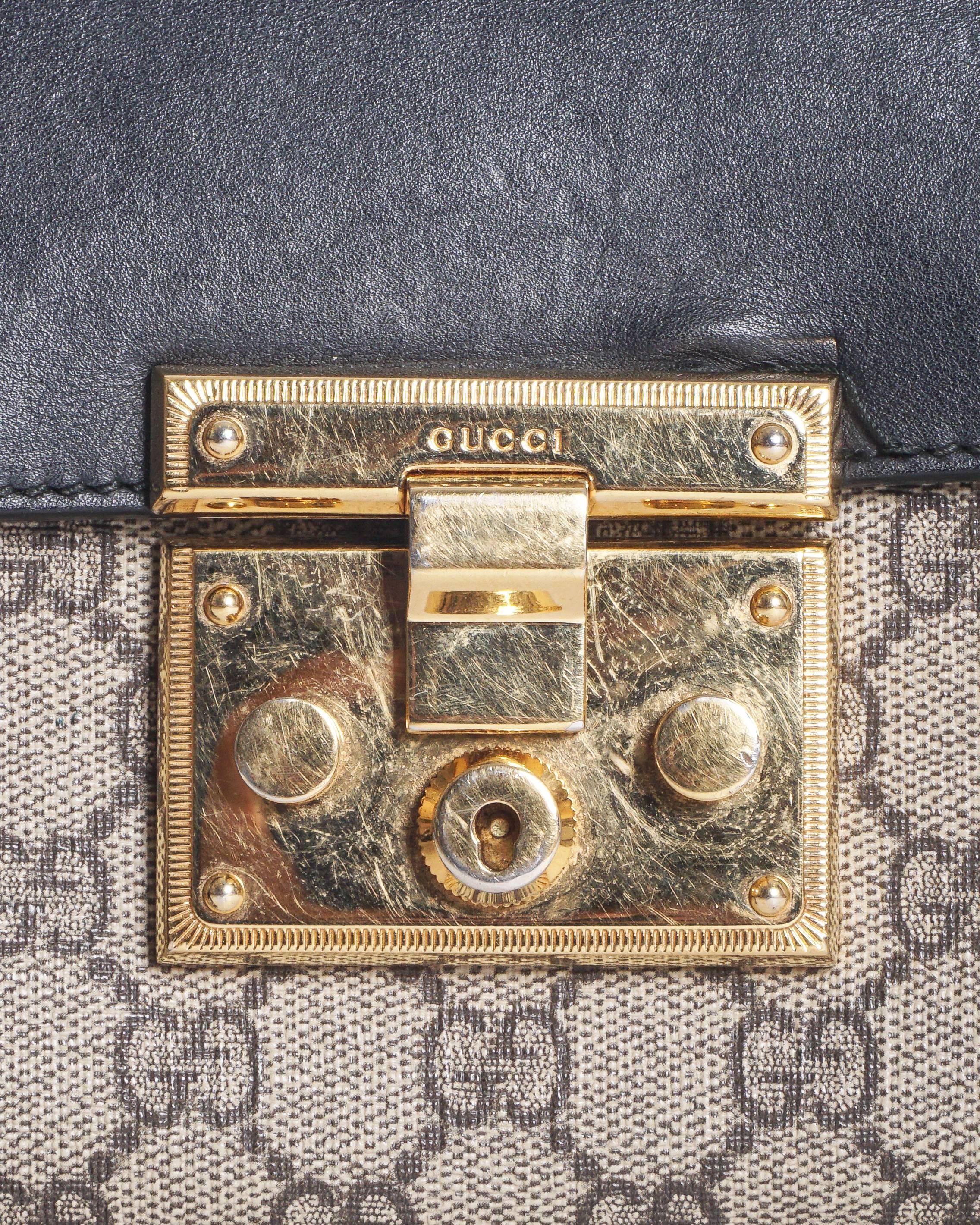 Gucci Black Leather GG Supreme Canvas Padlock Shoulder Bag