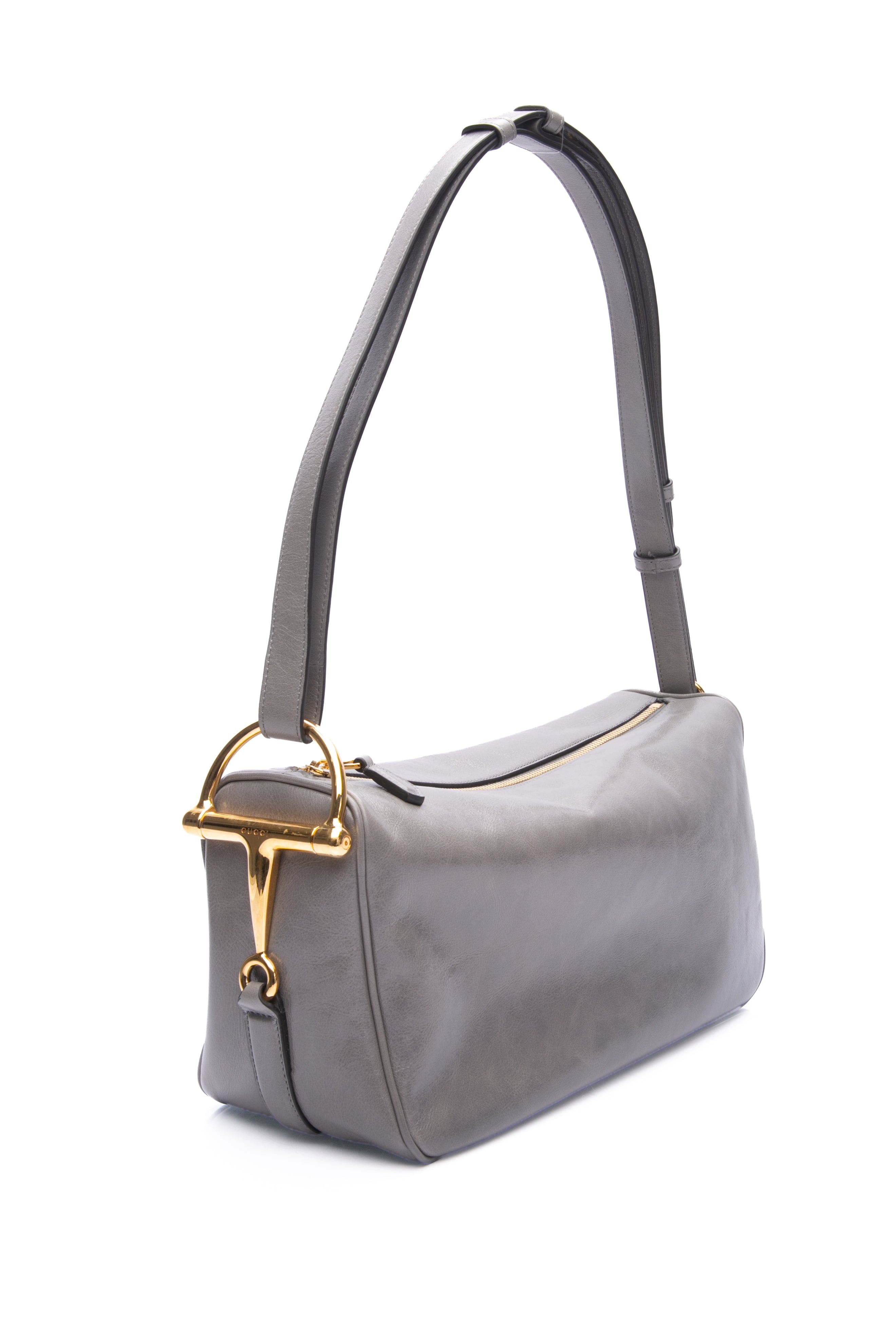 GUCCI Grey Smooth Leather Gucci Halg Horsebit Medium Shoulder Bag