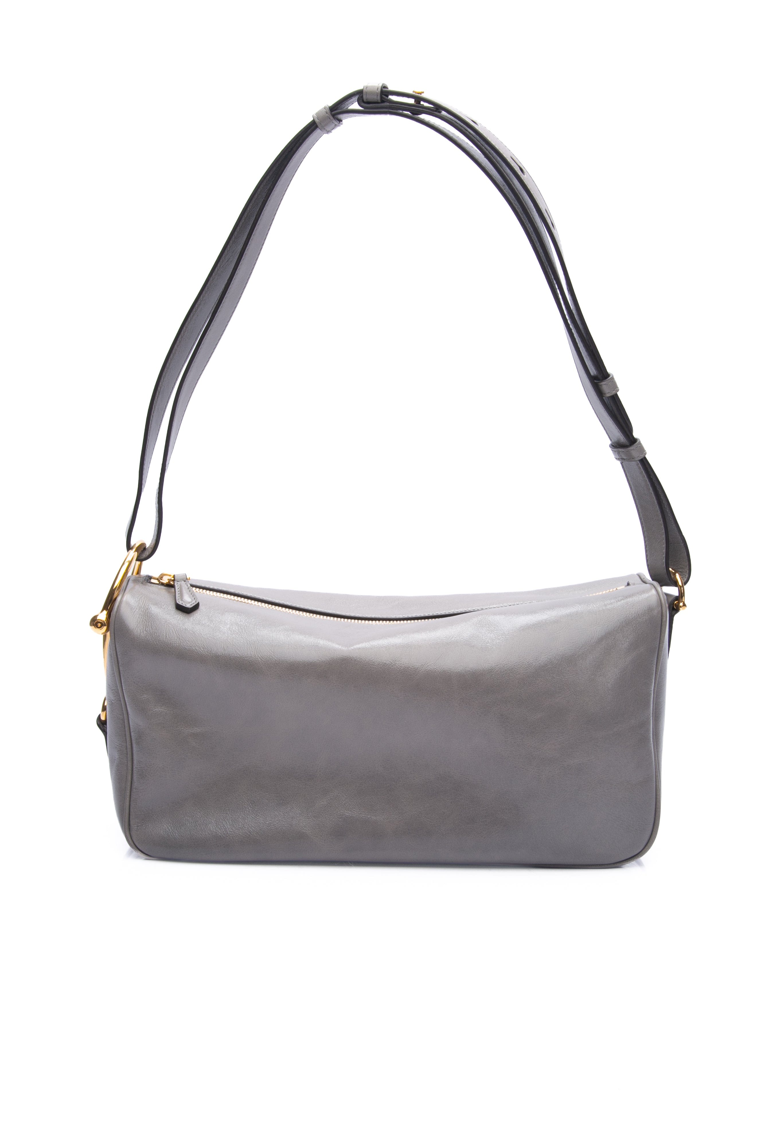 GUCCI Grey Smooth Leather Gucci Halg Horsebit Medium Shoulder Bag