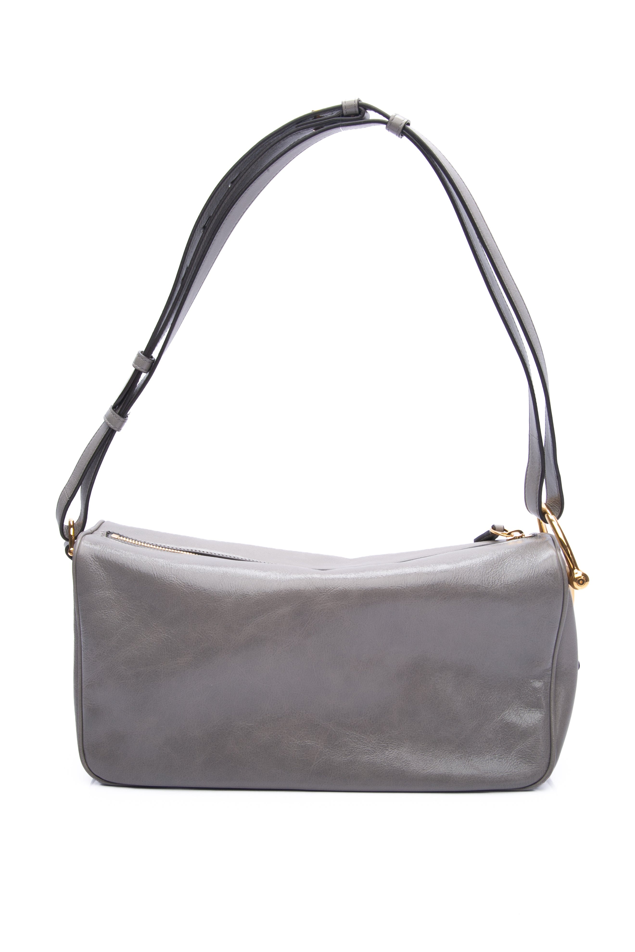 GUCCI Grey Smooth Leather Gucci Halg Horsebit Medium Shoulder Bag