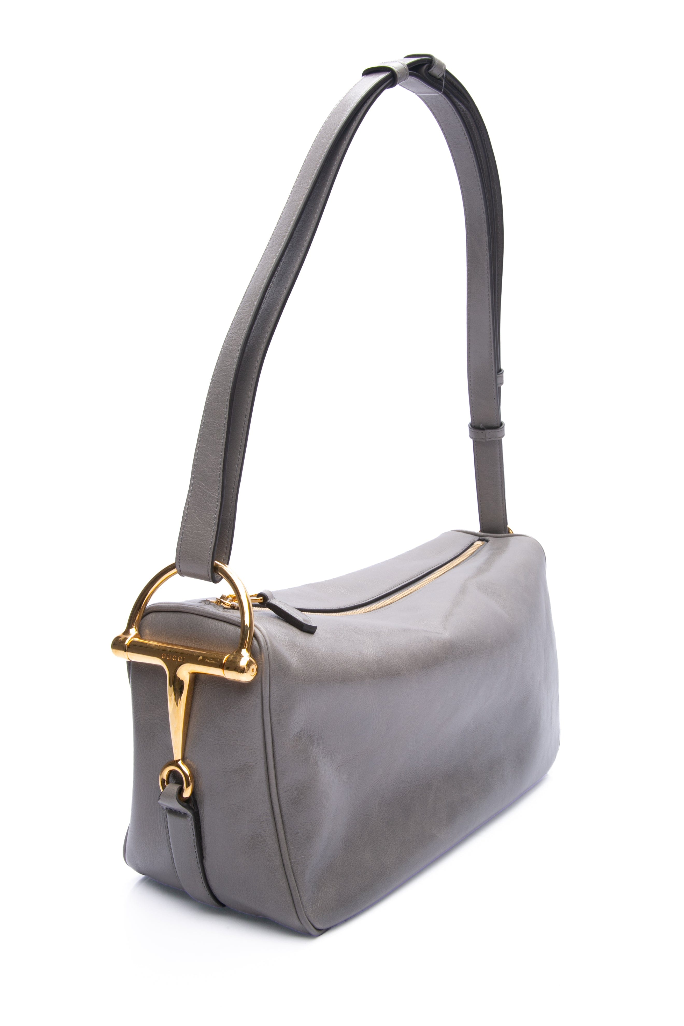 GUCCI Grey Smooth Leather Gucci Halg Horsebit Medium Shoulder Bag
