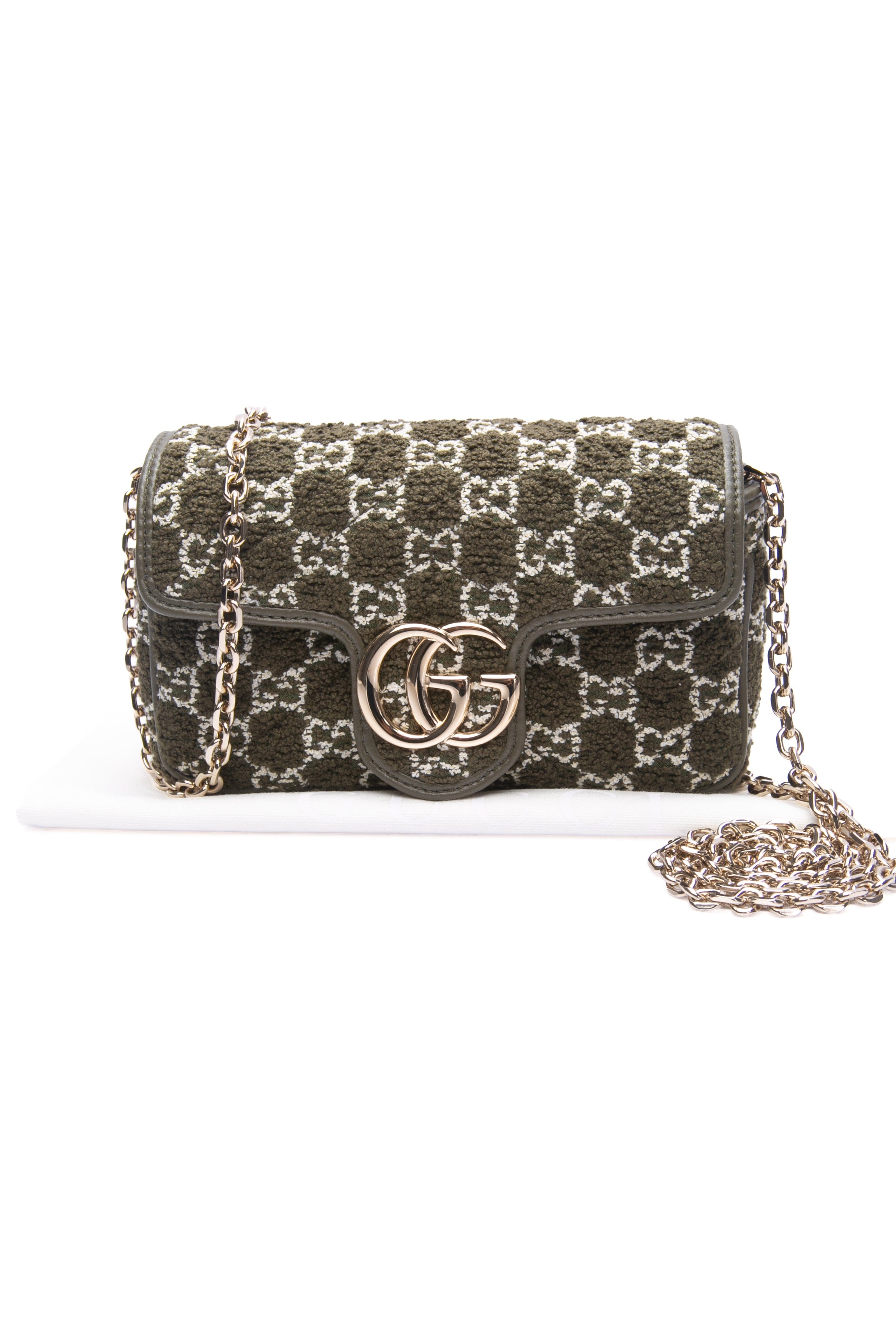GUCCI Green Boucle Tweed GG Marmont Mini Shoulder Bag (New)