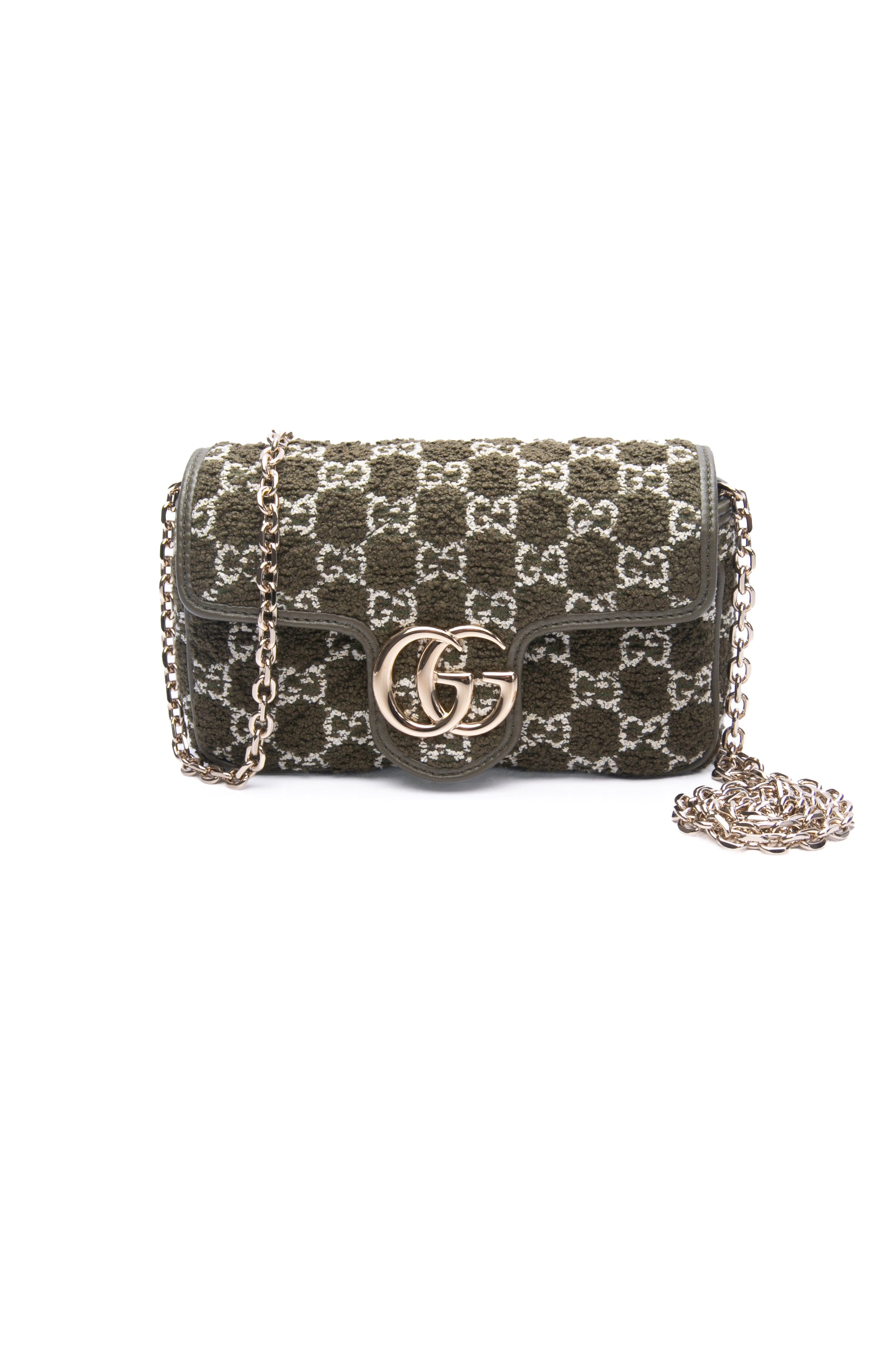 GUCCI Green Boucle Tweed GG Marmont Mini Shoulder Bag (New)