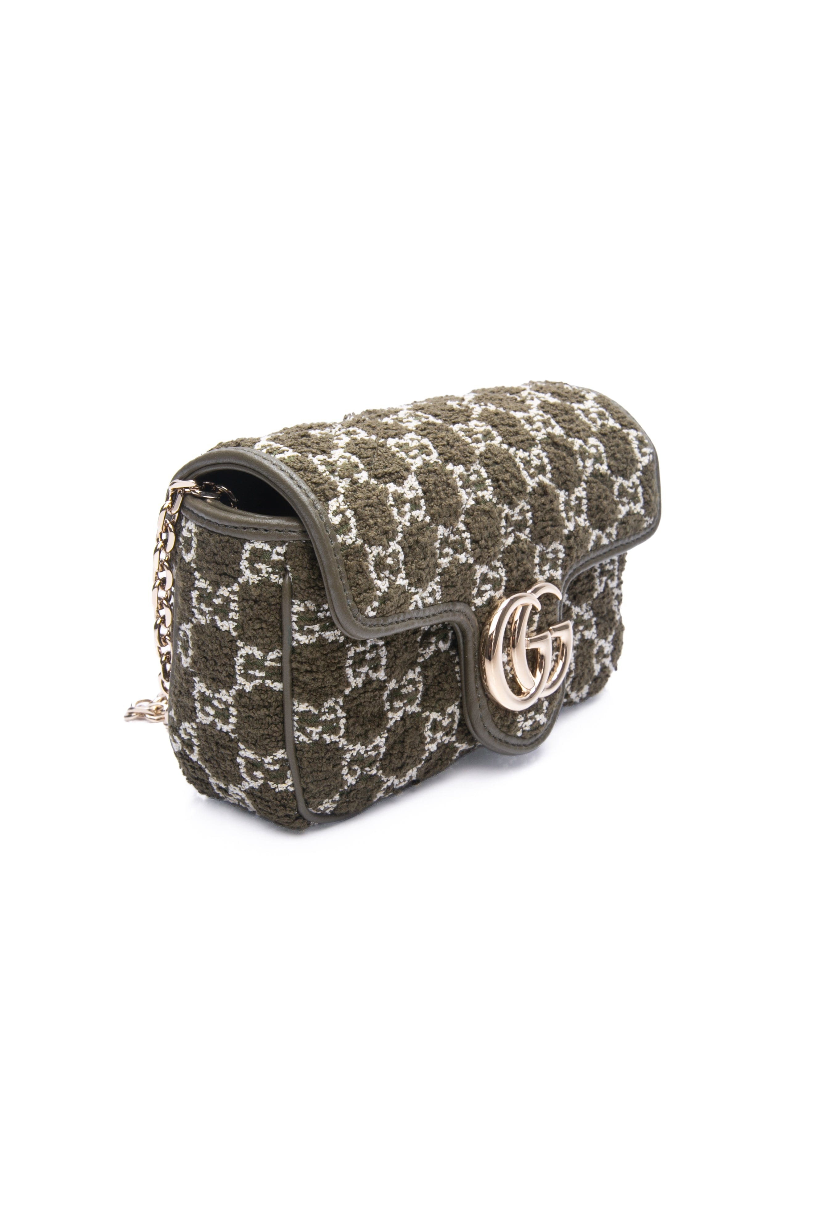 GUCCI Green Boucle Tweed GG Marmont Mini Shoulder Bag (New)