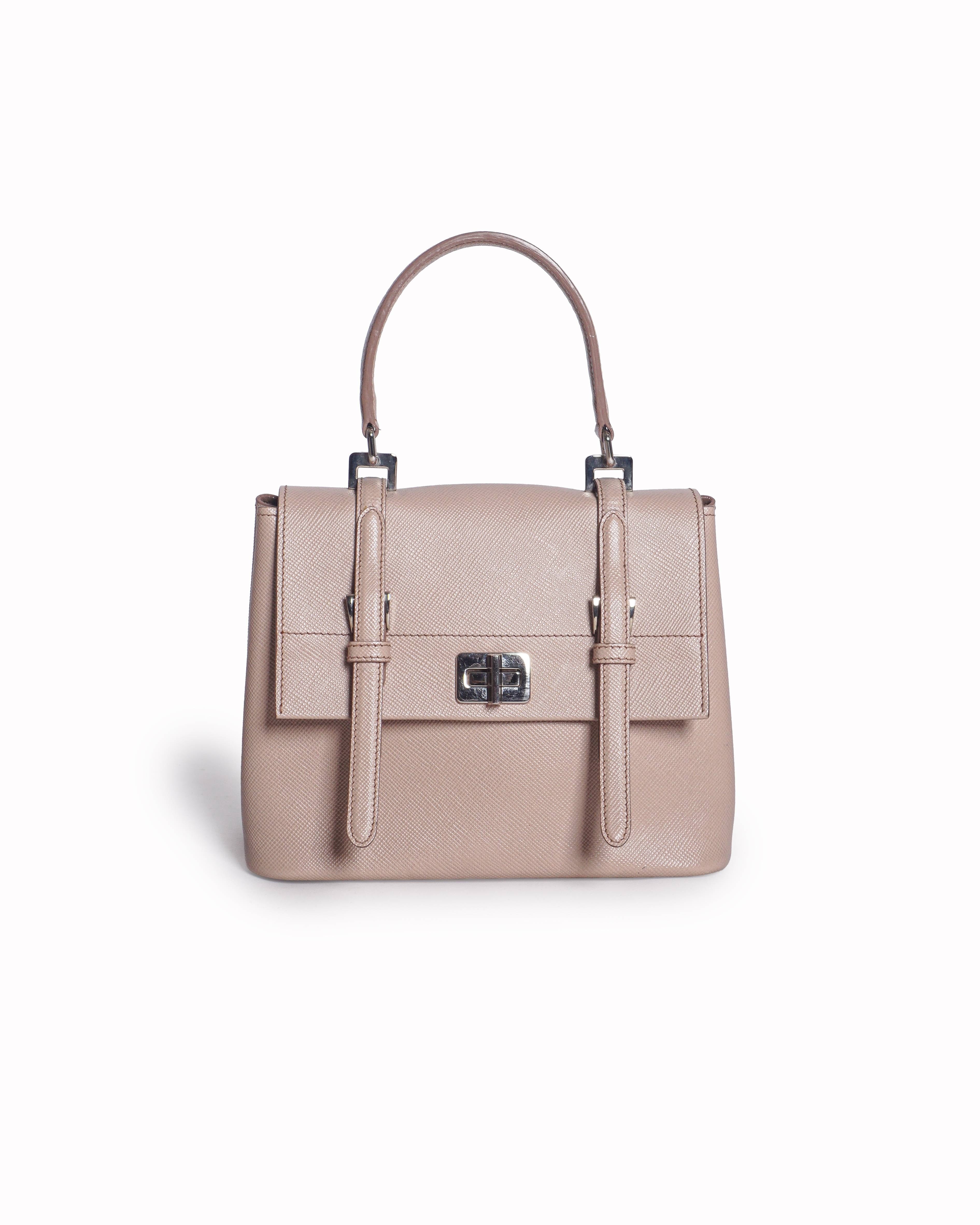 Prada Beige Saffiano Leather Turn - Lock Shoulder Bag