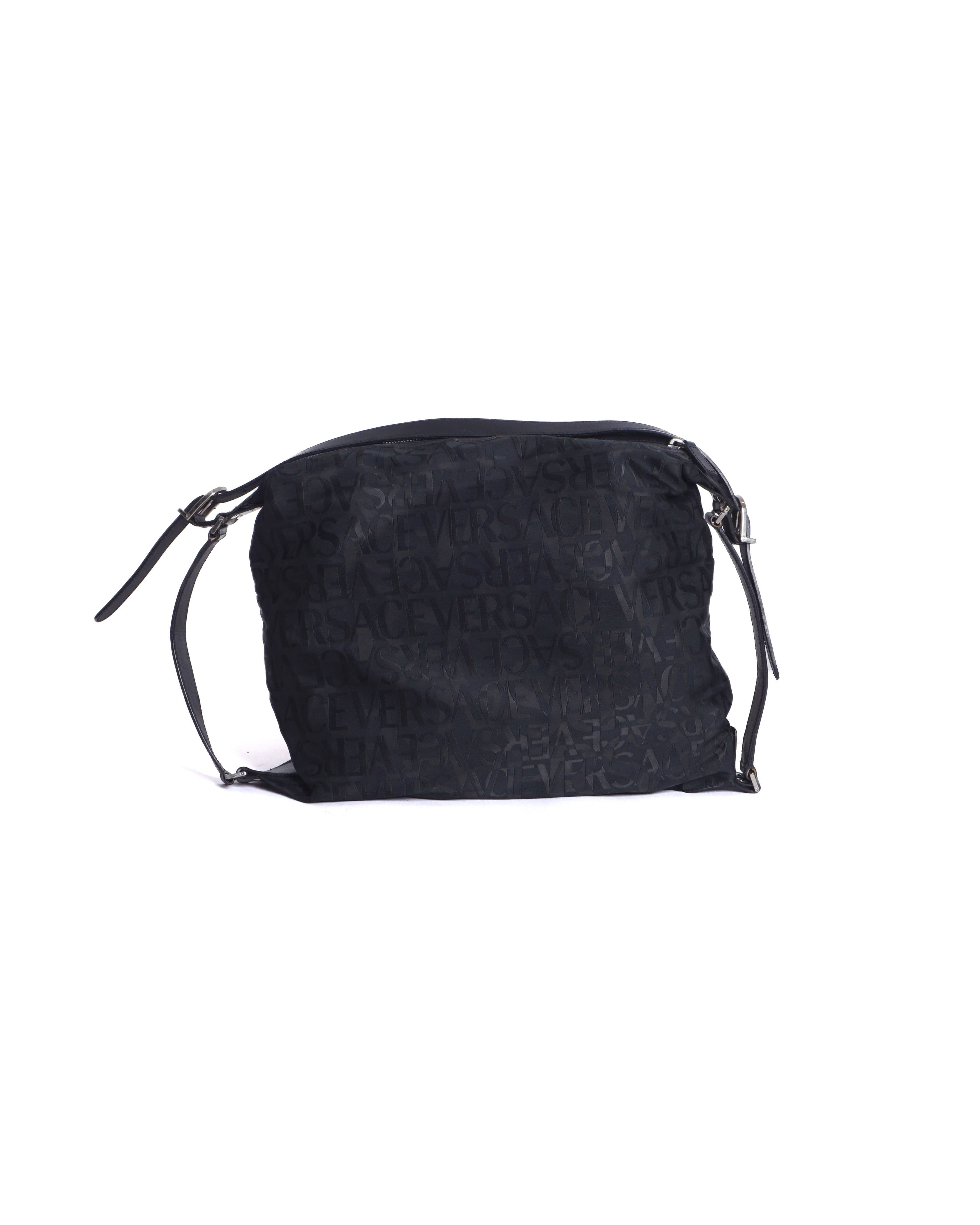 Versace Vintage Black Monogram Fabric Shoulder Baguette Bag