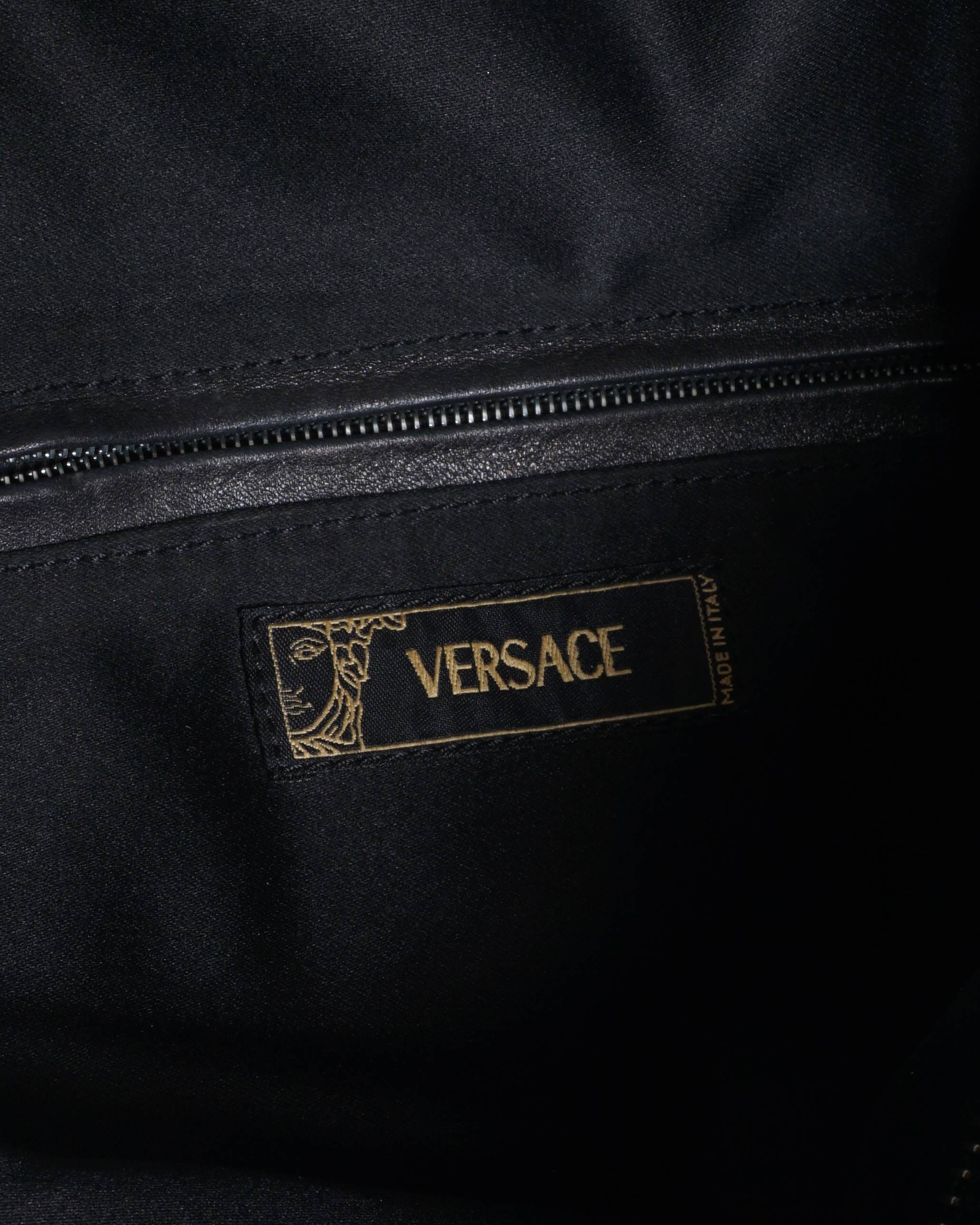 Versace Vintage Black Monogram Fabric Shoulder Baguette Bag
