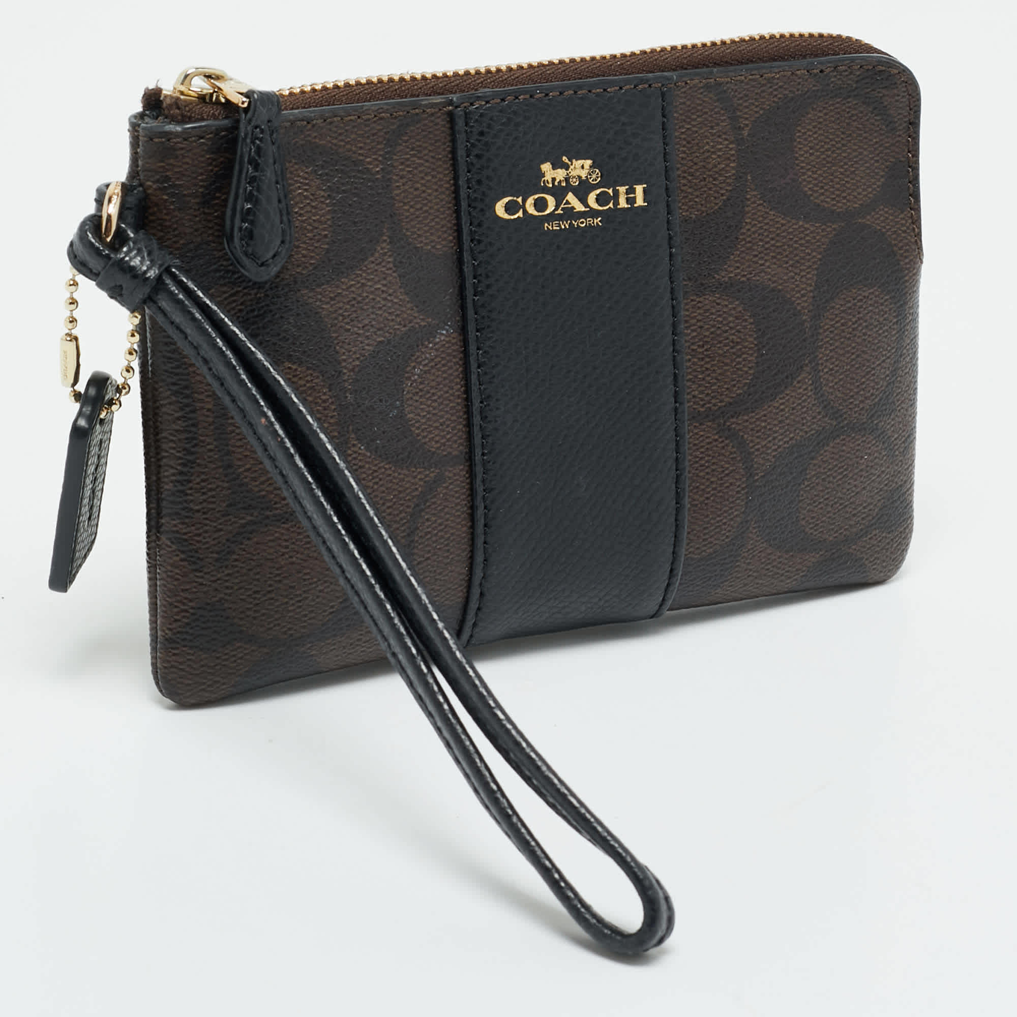 Coach Brown/black Signature Coated Canvas And Leather Corner Zip Wristlet