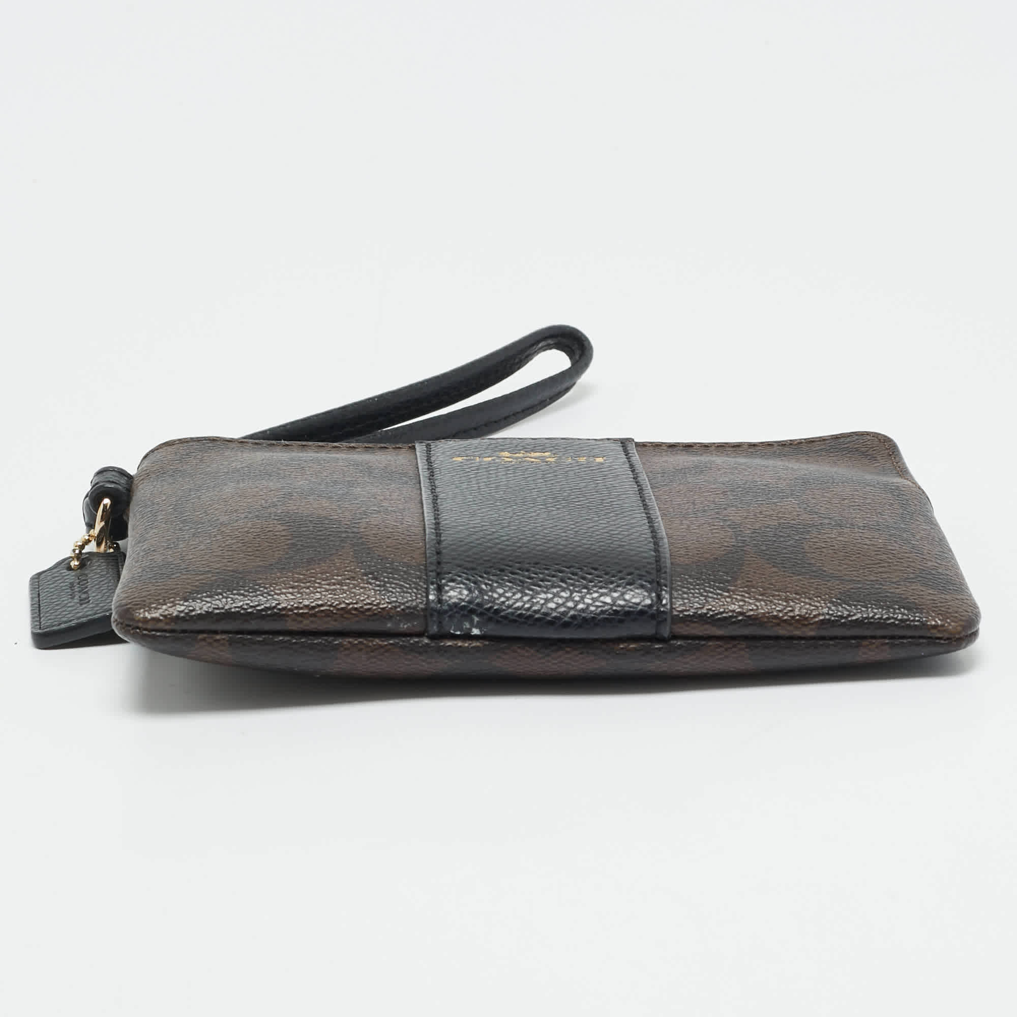 Coach Brown/black Signature Coated Canvas And Leather Corner Zip Wristlet