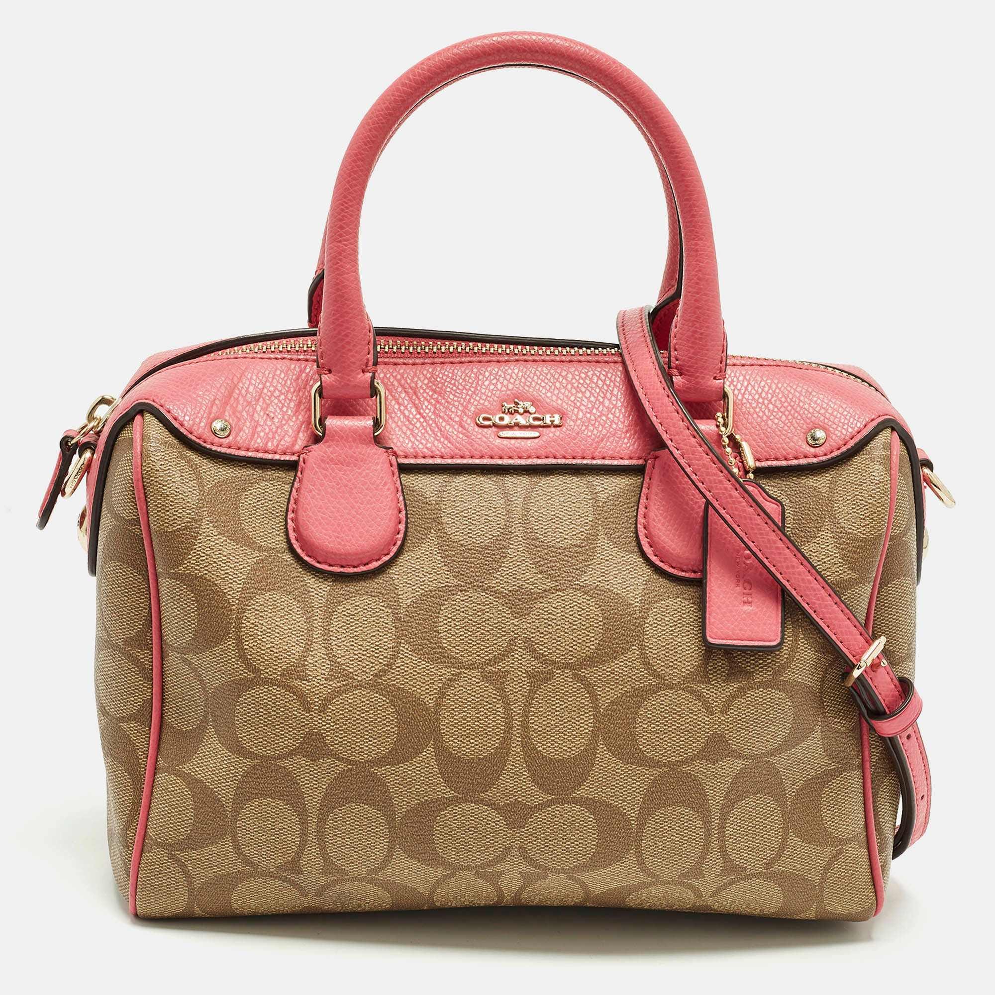 Coach Bennett Mini Pink/beige Signature Coated Canvas And Leather Satchel