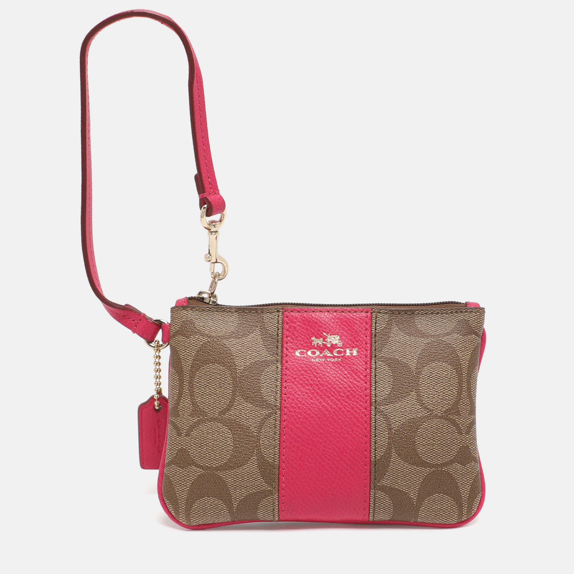 Coach Pink/beige Coated Canvas And Leather Wristlet