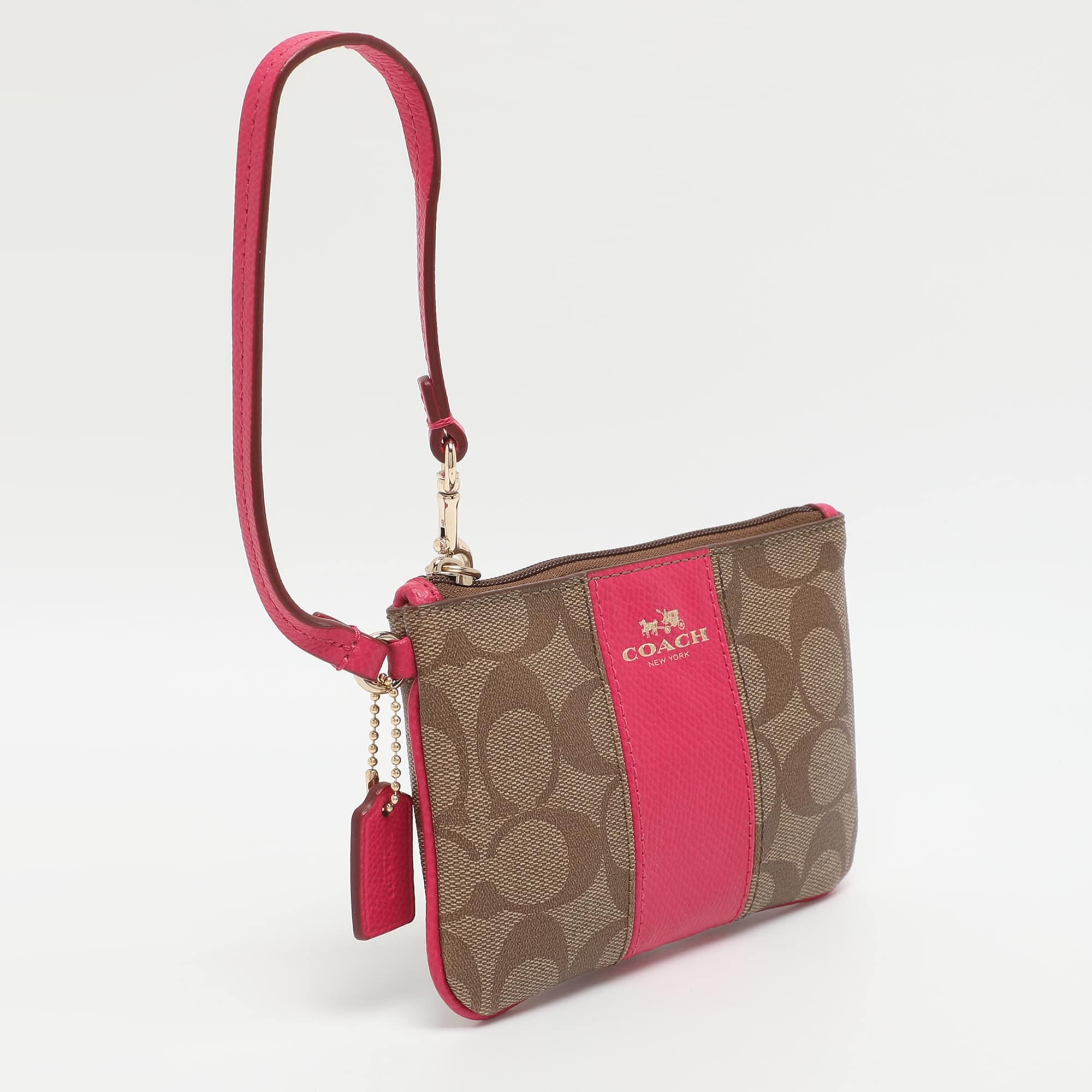 Coach Pink/beige Coated Canvas And Leather Wristlet