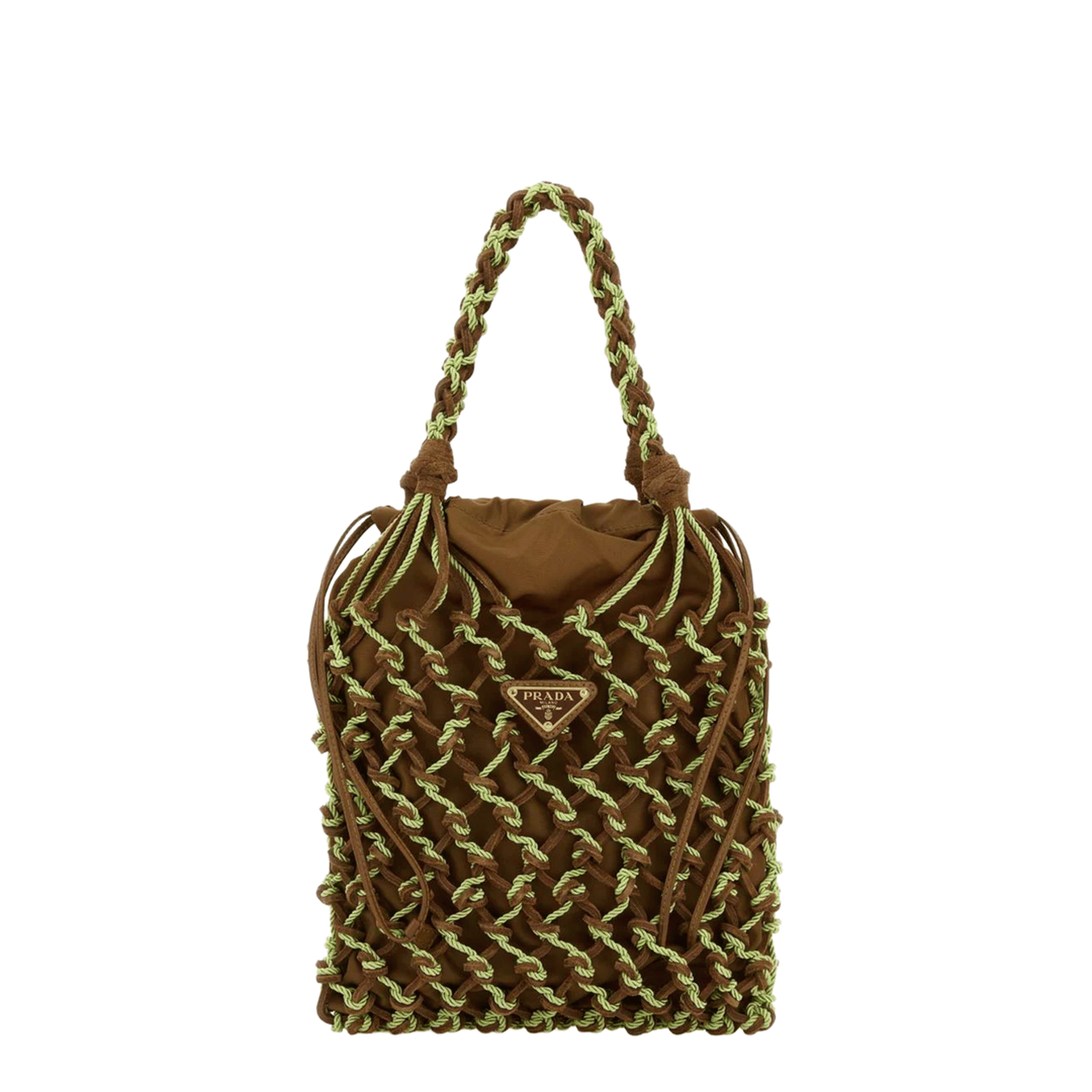 Prada Noué Small Leather and Fabric Handbag - Cacao/Prato
