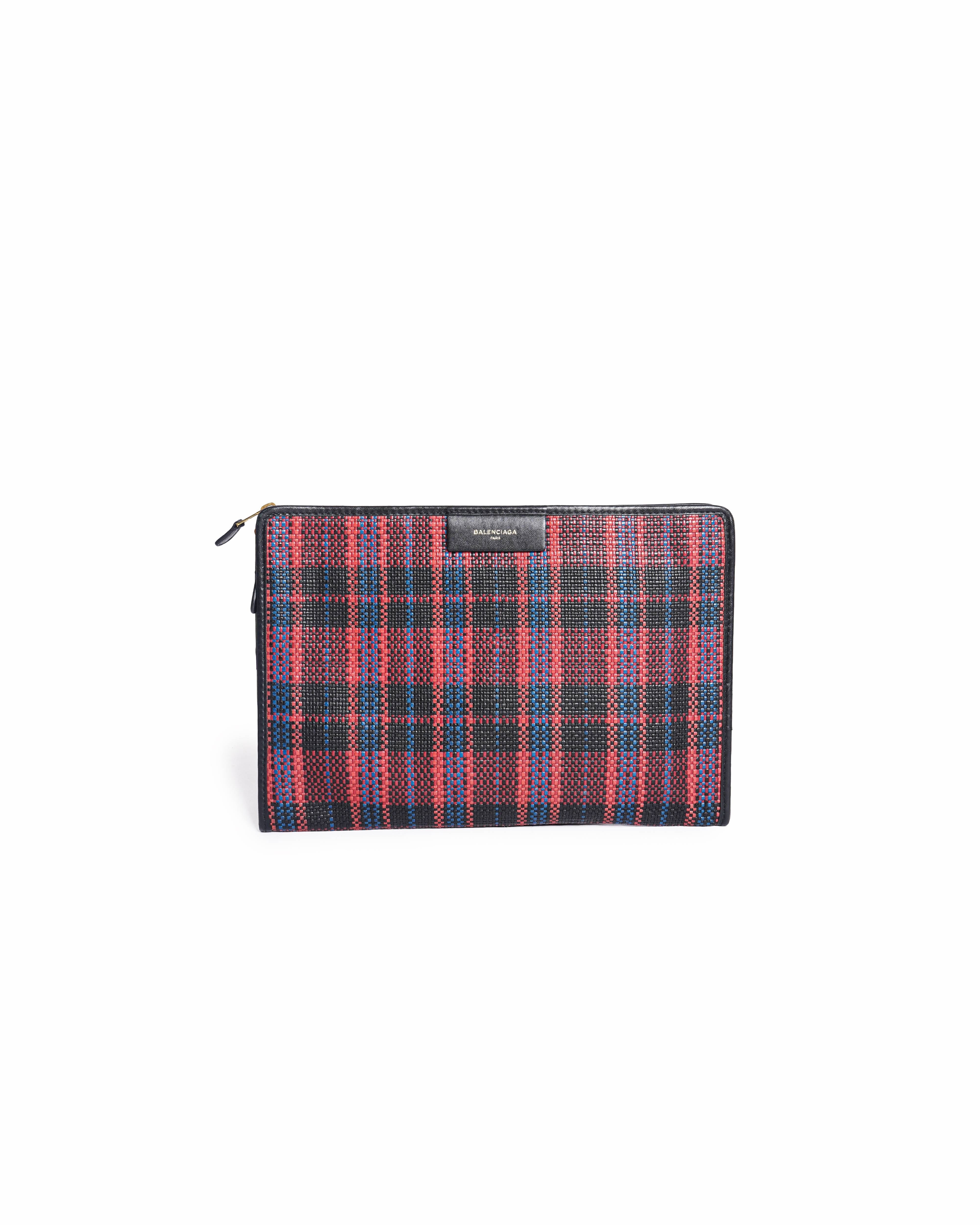 Balenciaga Bazar Tartan Woven Leather Pouch Clutch