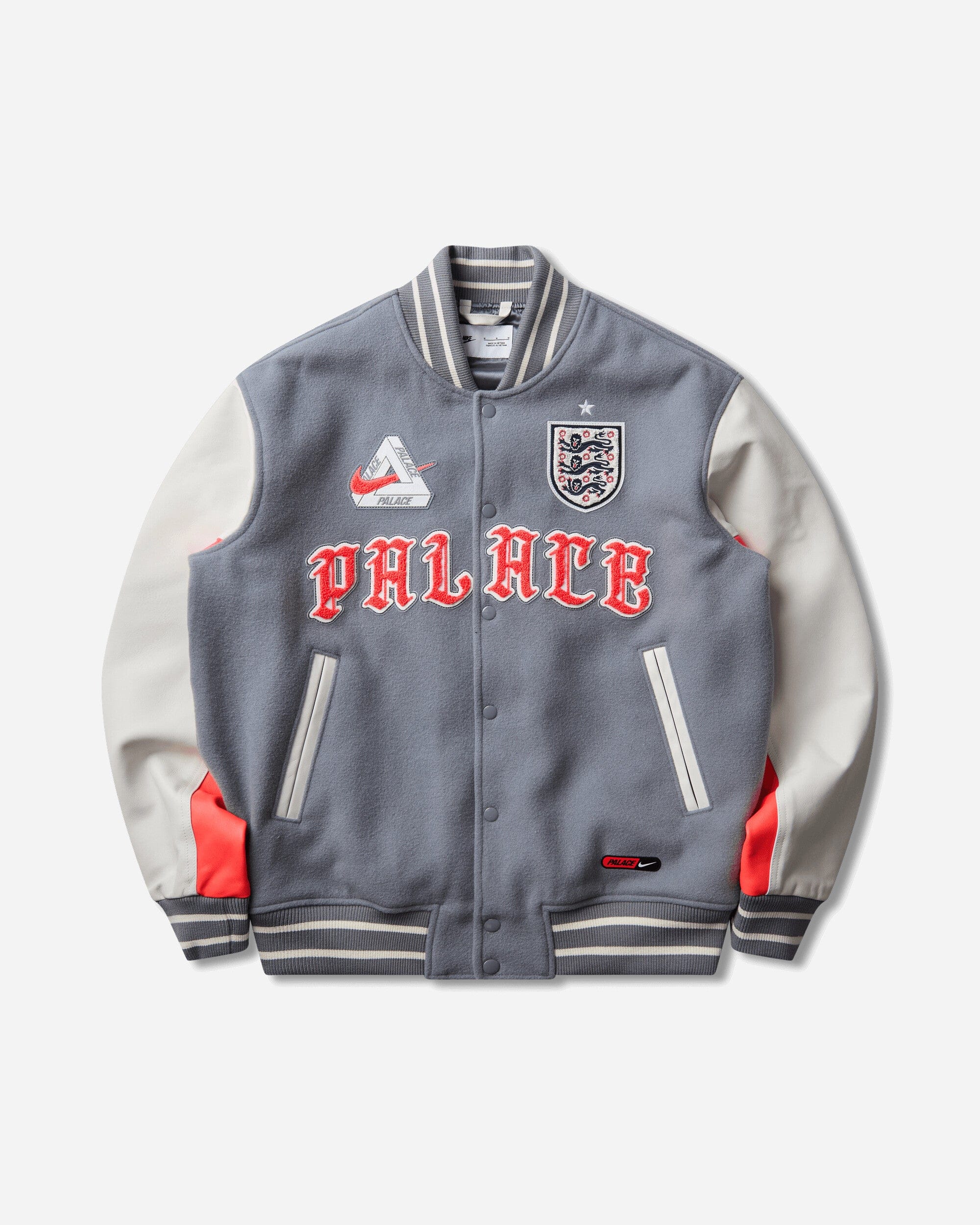 Nike England x Palace Varsity Jacket Cool Grey / White / Bright Crimson