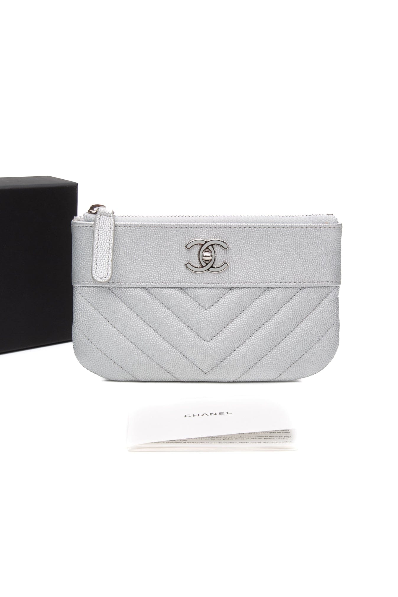 CHANEL Metallic Silver Caviar Chevron Quilted Small Mademoiselle Zip Pouch Case