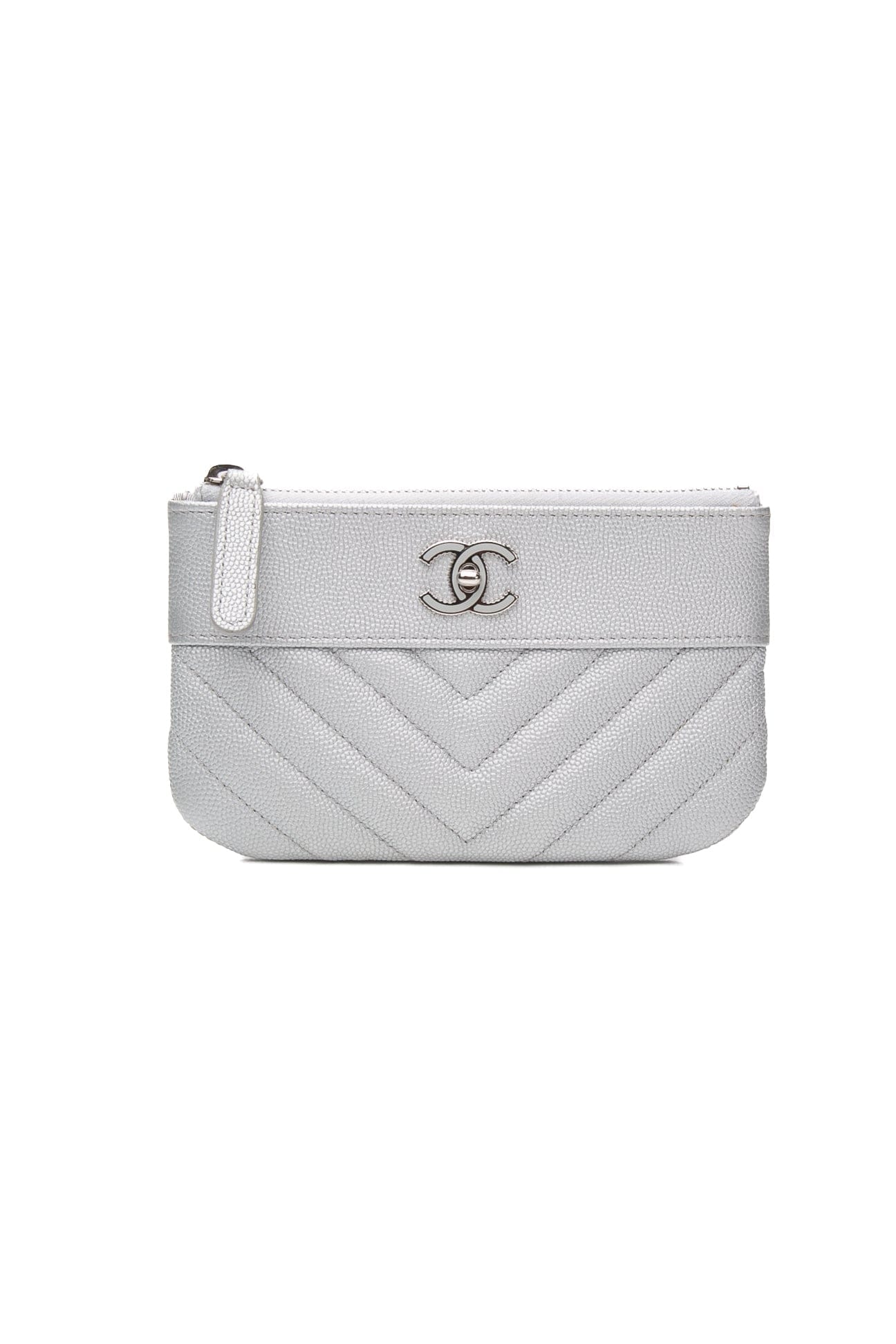 CHANEL Metallic Silver Caviar Chevron Quilted Small Mademoiselle Zip Pouch Case