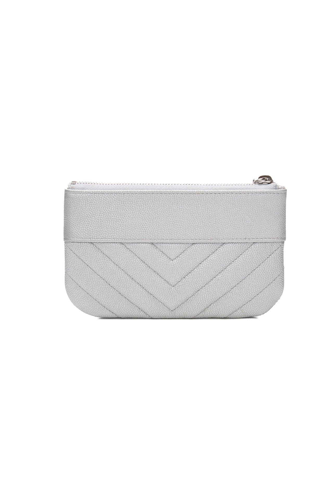 CHANEL Metallic Silver Caviar Chevron Quilted Small Mademoiselle Zip Pouch Case