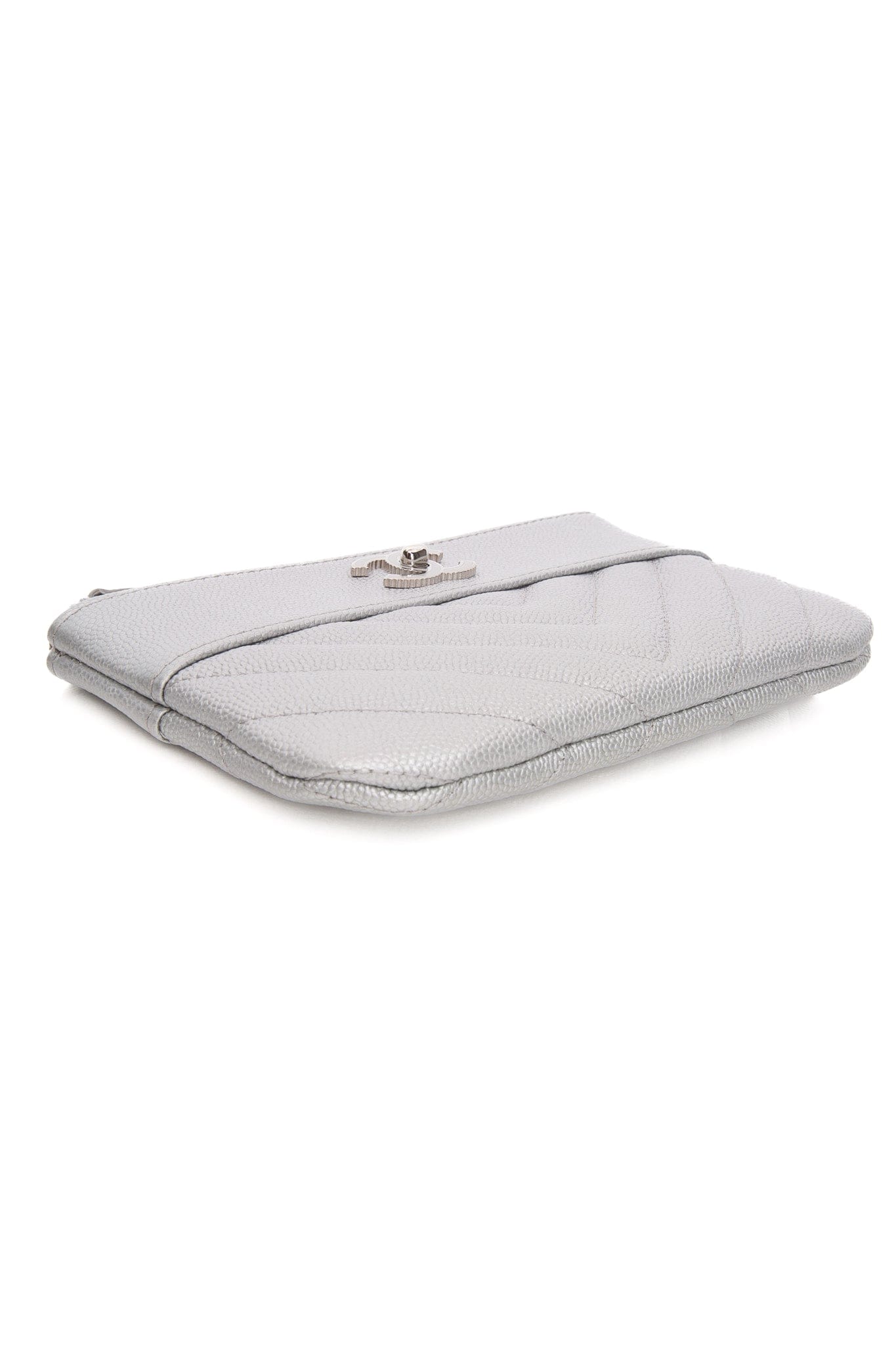 CHANEL Metallic Silver Caviar Chevron Quilted Small Mademoiselle Zip Pouch Case