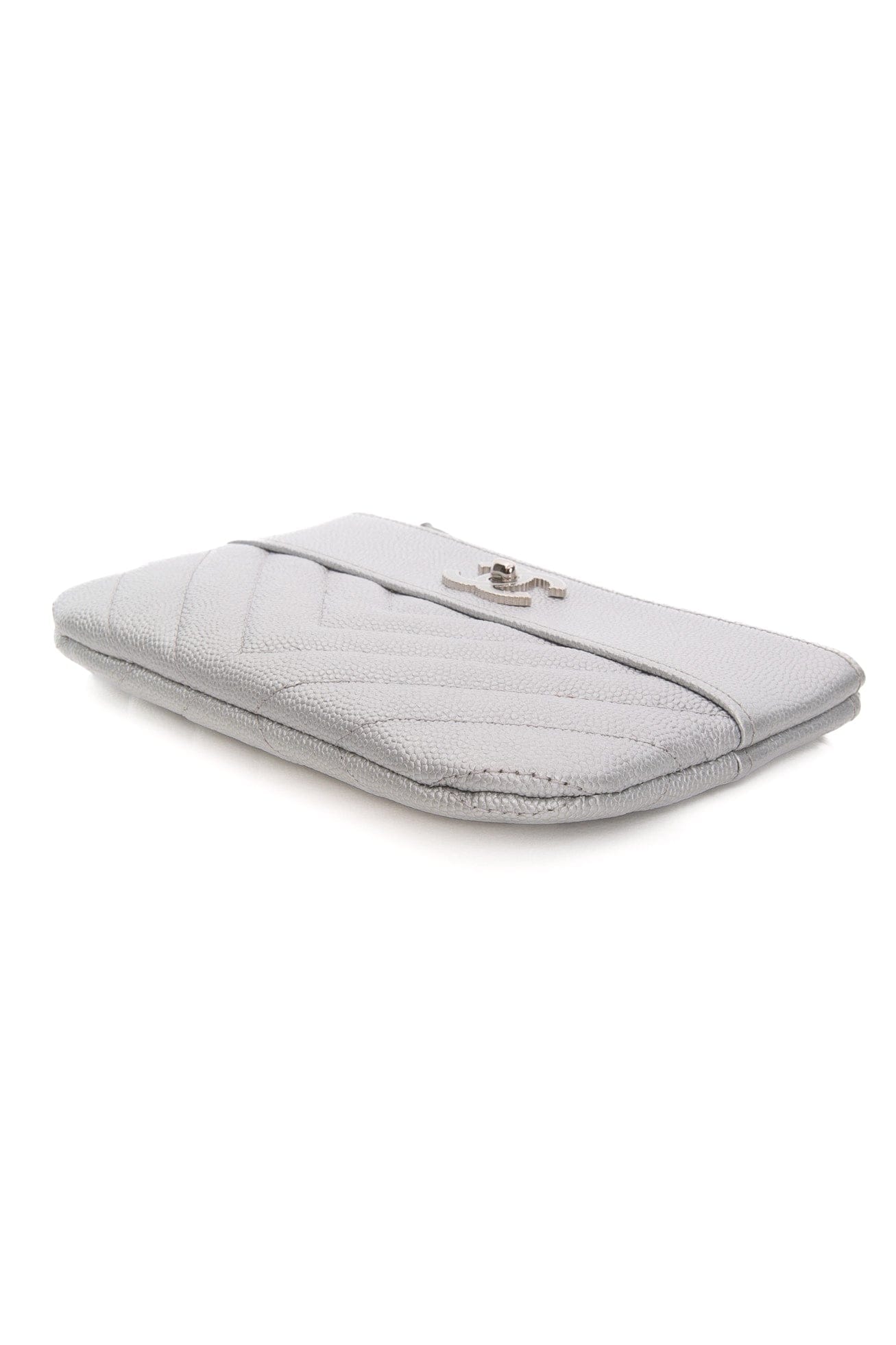 CHANEL Metallic Silver Caviar Chevron Quilted Small Mademoiselle Zip Pouch Case