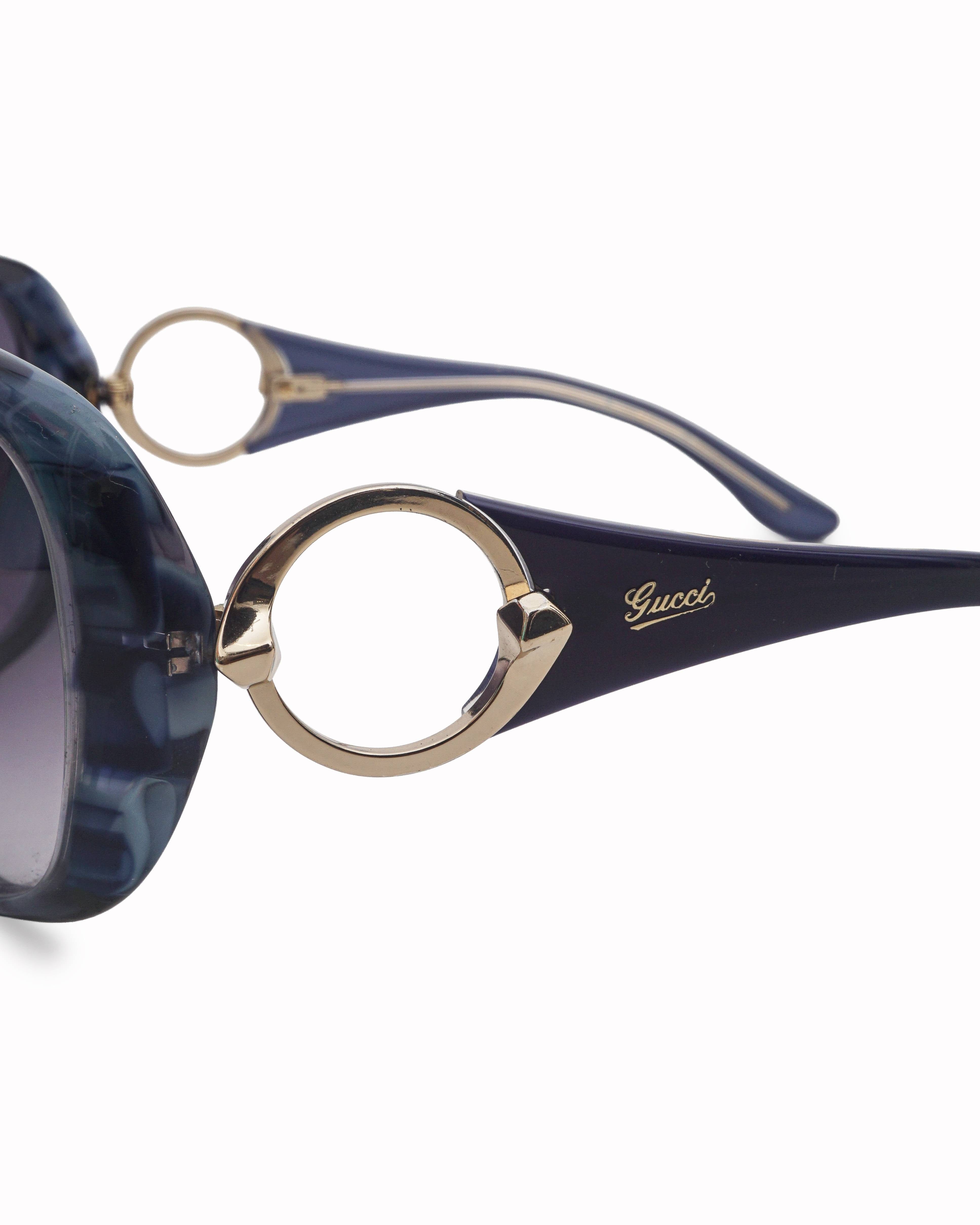 Gucci Blue Marbled Acetate Gold - Tone Ring Oversized Sunglasses