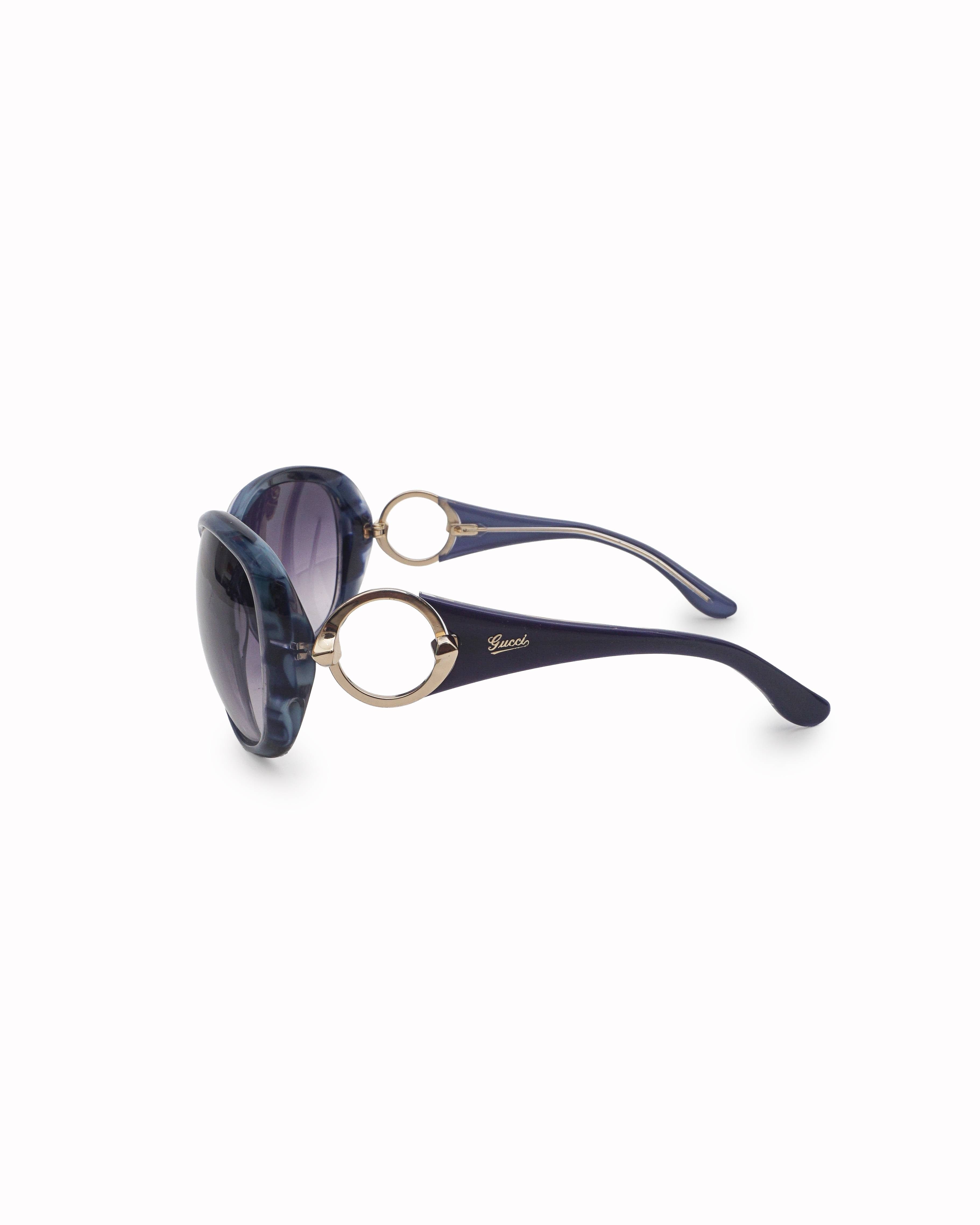 Gucci Blue Marbled Acetate Gold - Tone Ring Oversized Sunglasses