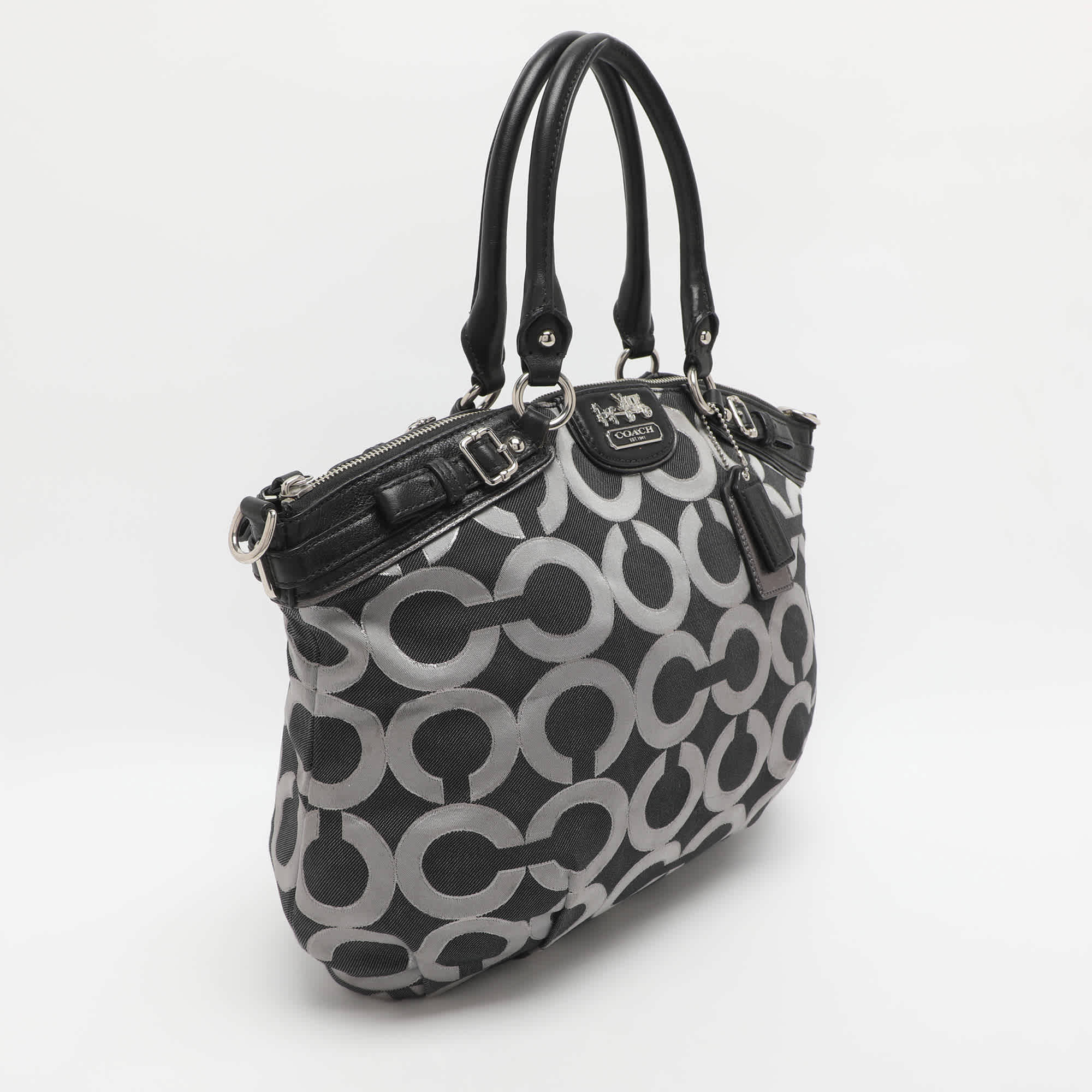 Coach Madison Black Op Art Sateen And Leather Satchel