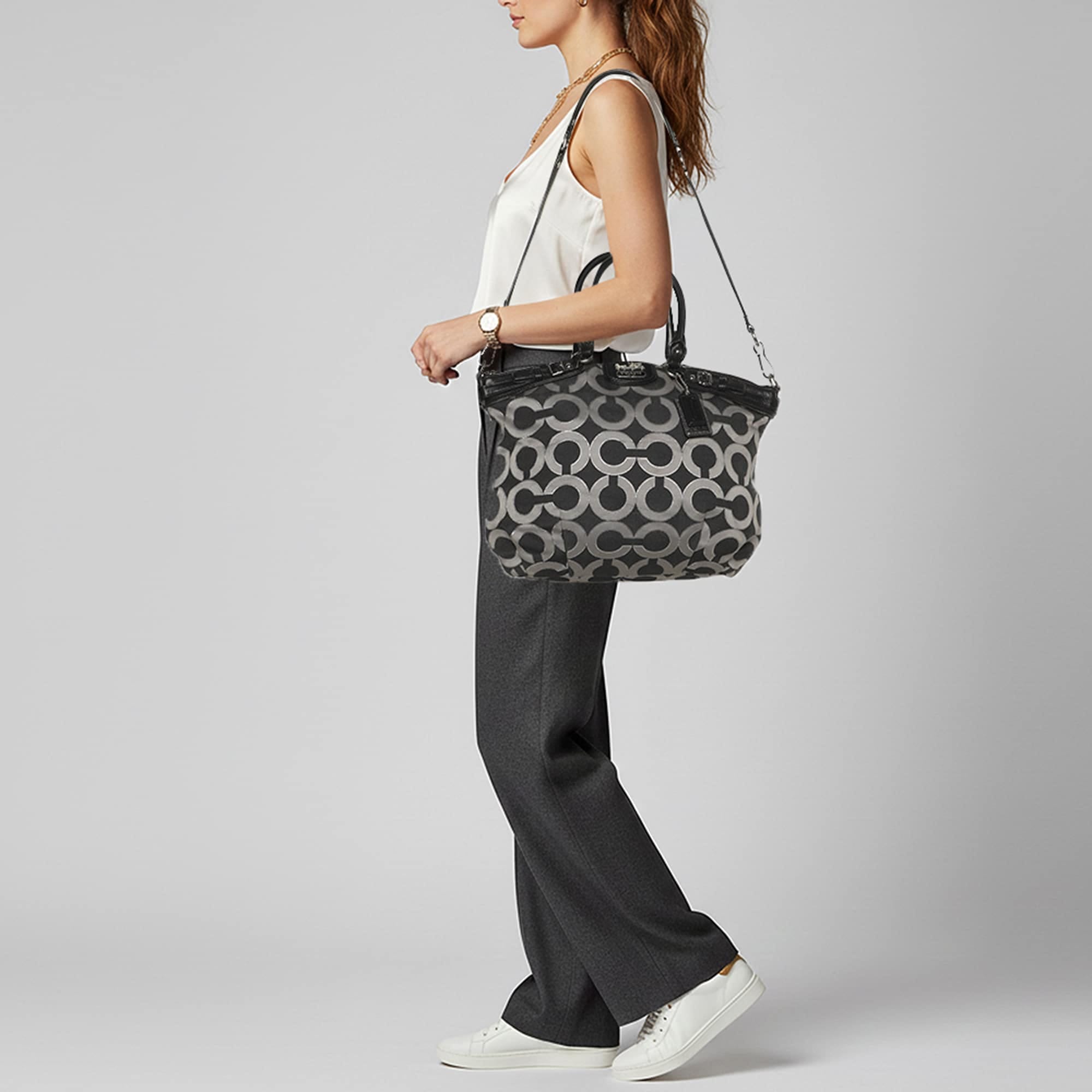 Coach Madison Black Op Art Sateen And Leather Satchel