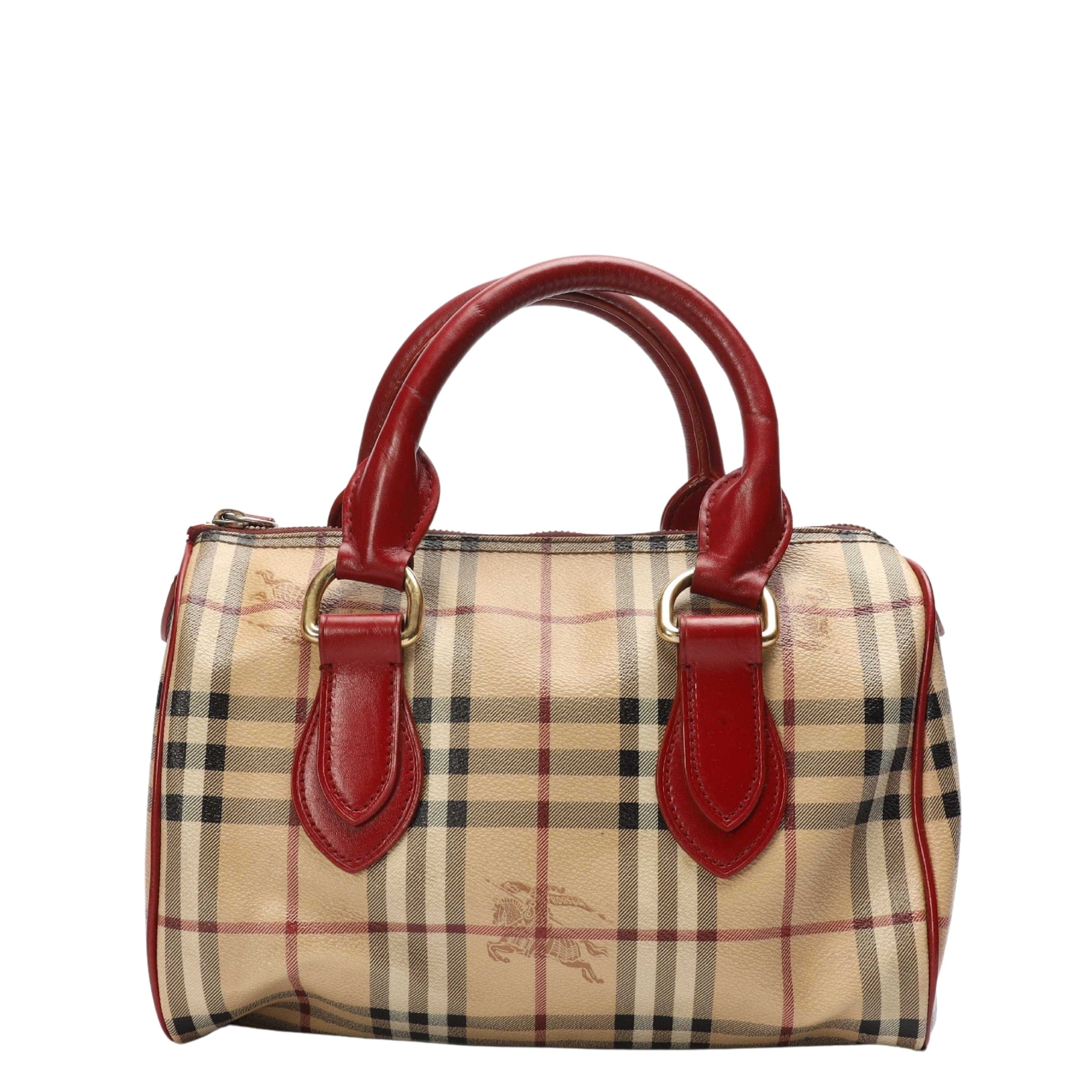 Burberry Beige Check Ruby Red Bowling Bag