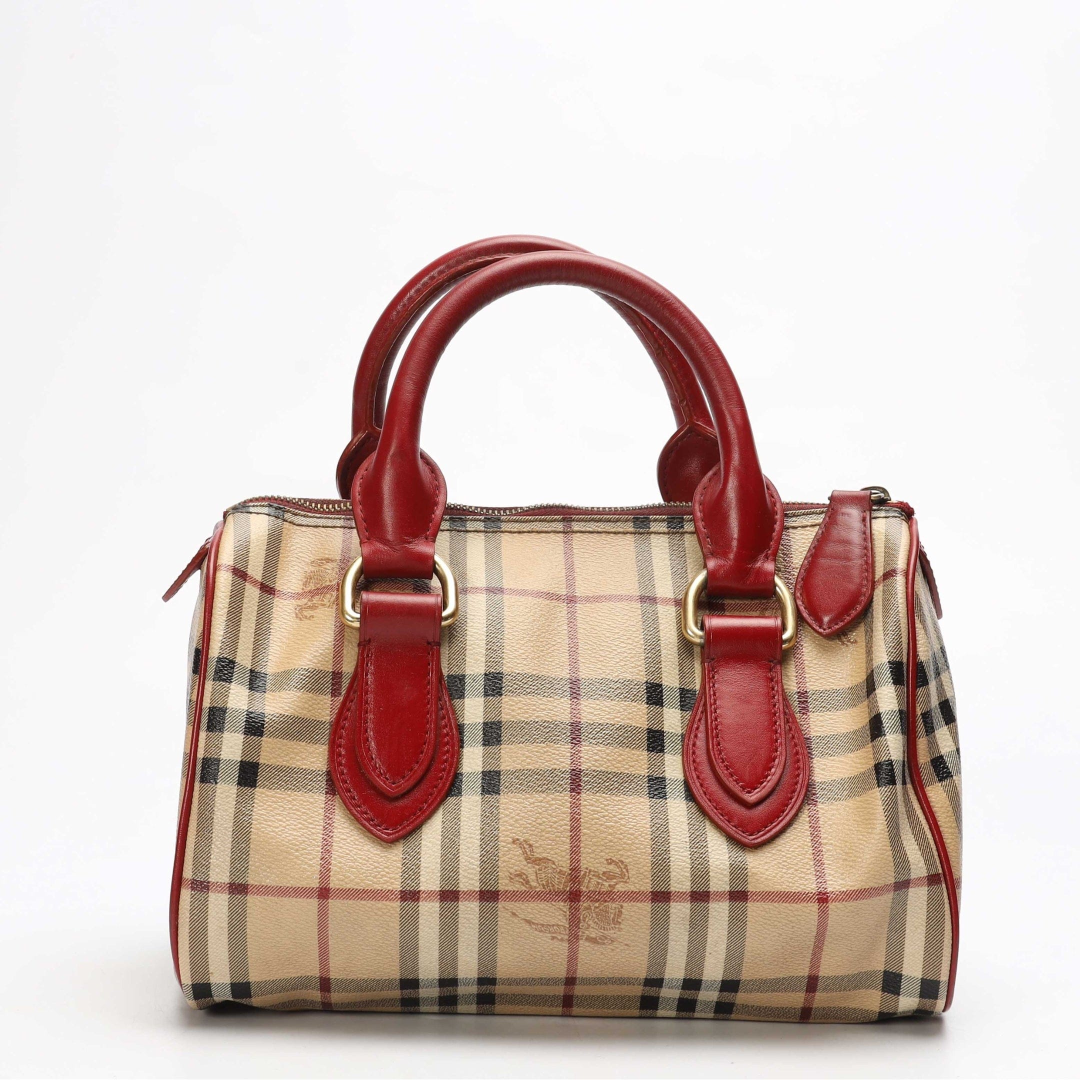 Burberry Beige Check Ruby Red Bowling Bag