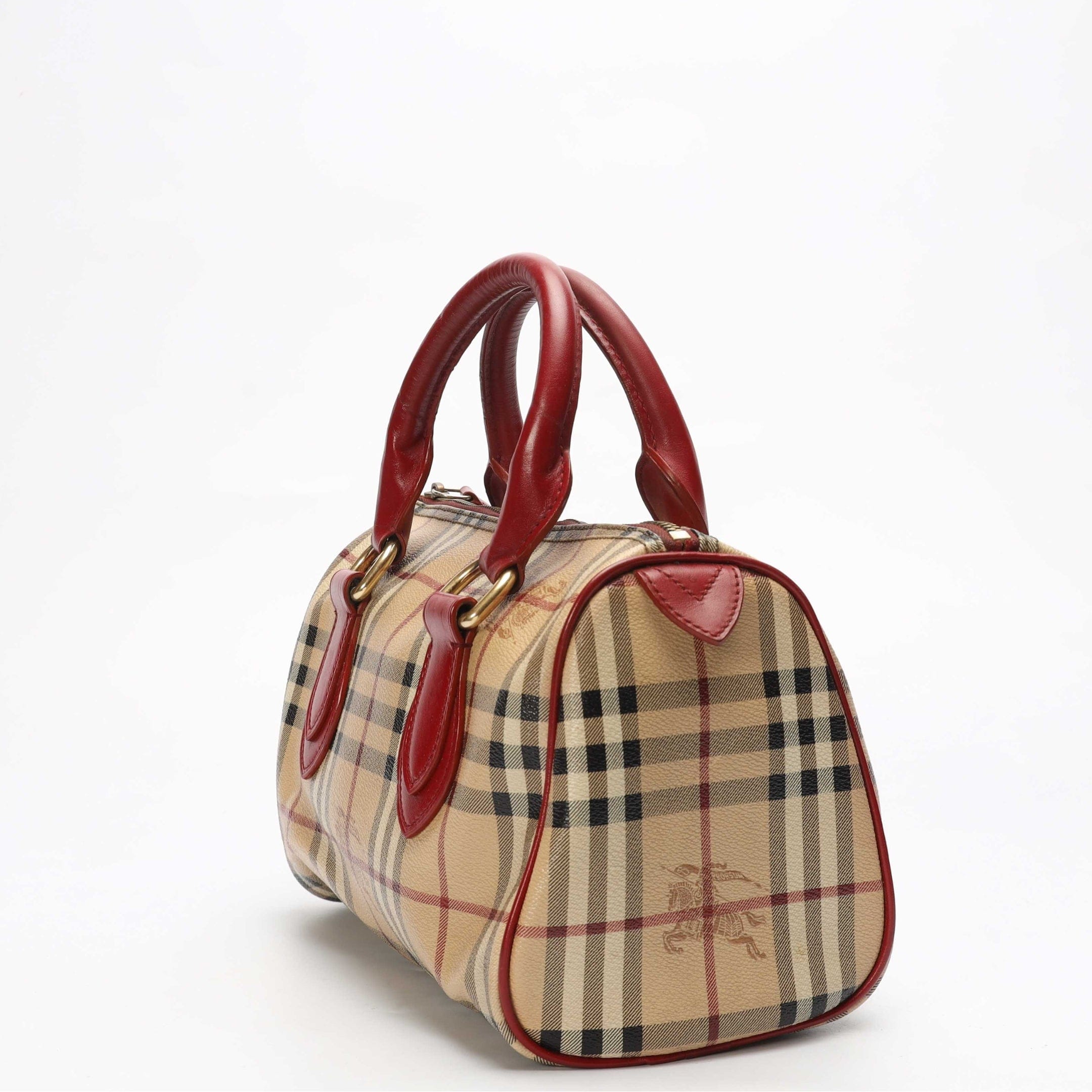 Burberry Beige Check Ruby Red Bowling Bag